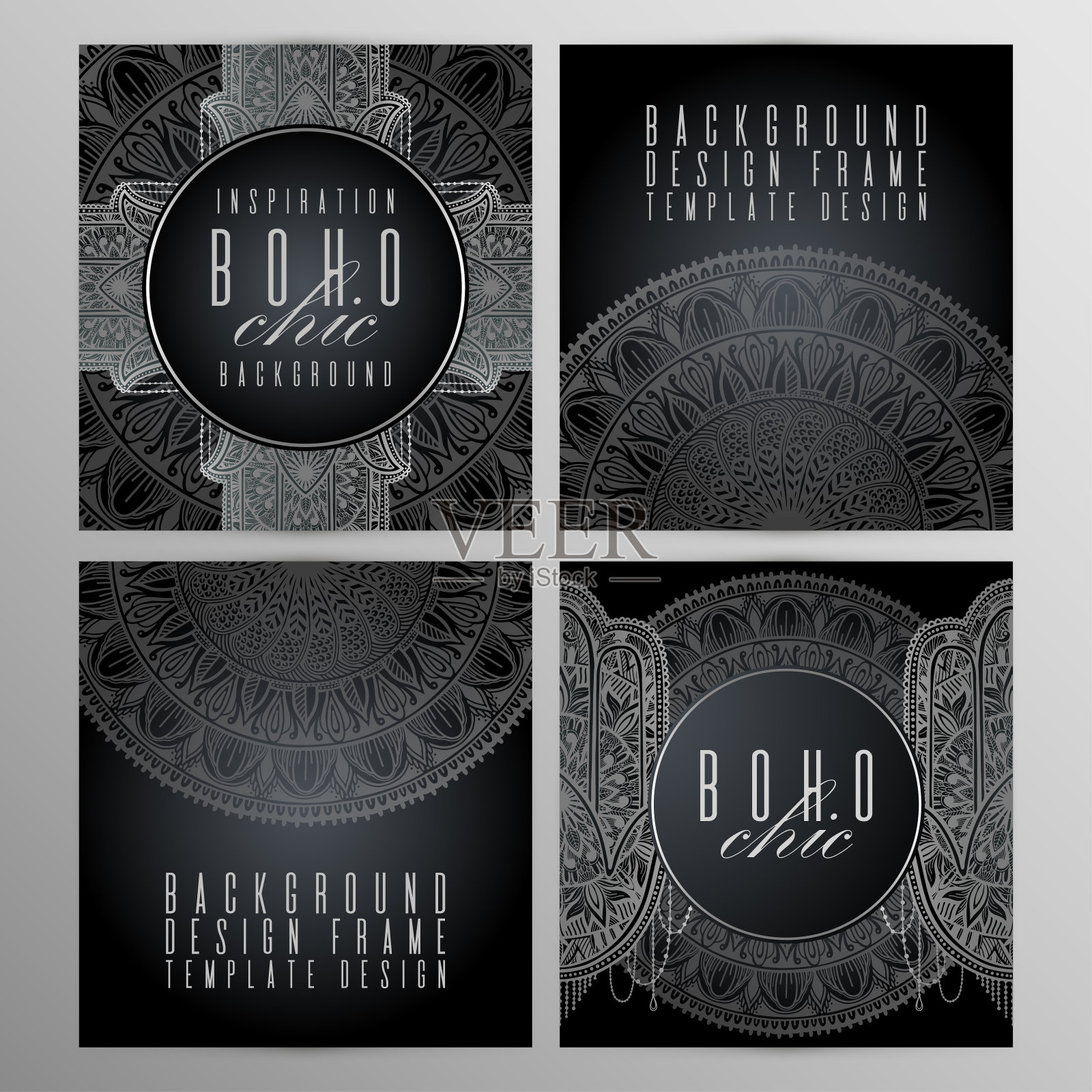 矢量复古曼荼罗哈姆萨卡设置银色。东方设计布局。伊斯兰，阿拉伯，印度，奥斯曼帝国的主题。首页和封底。民族的设计。设计模板素材