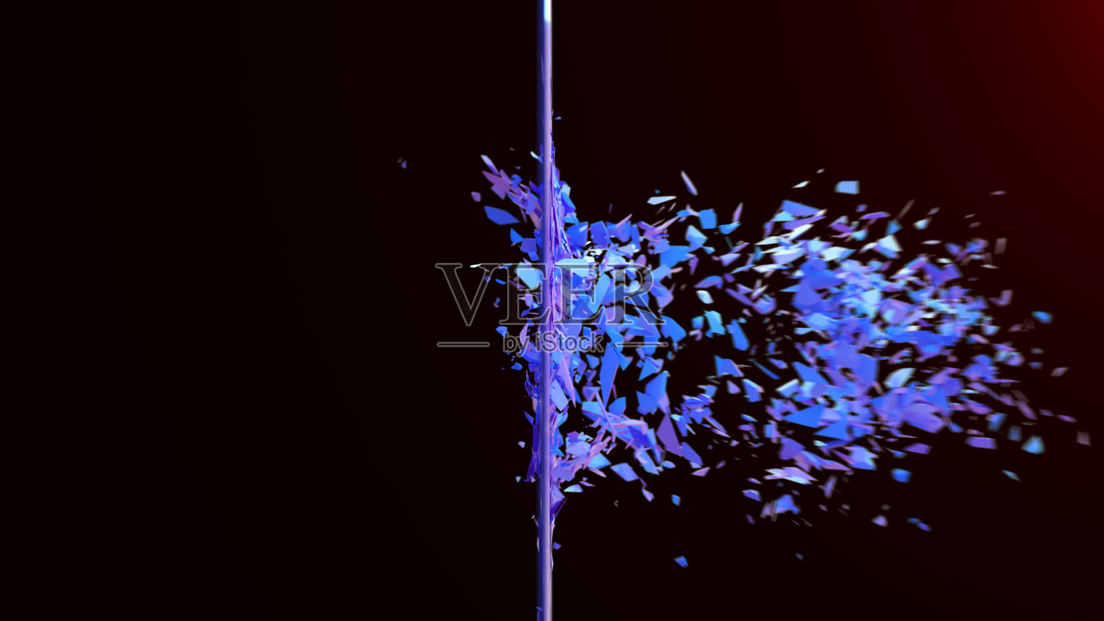 破碎的墙壁呈暗柔和的紫罗兰色。墙碎成成千上万的小碎片。抽象的摧毁了背景。爆炸，破坏，破碎的暗色淡紫色墙壁，3D插图照片摄影图片