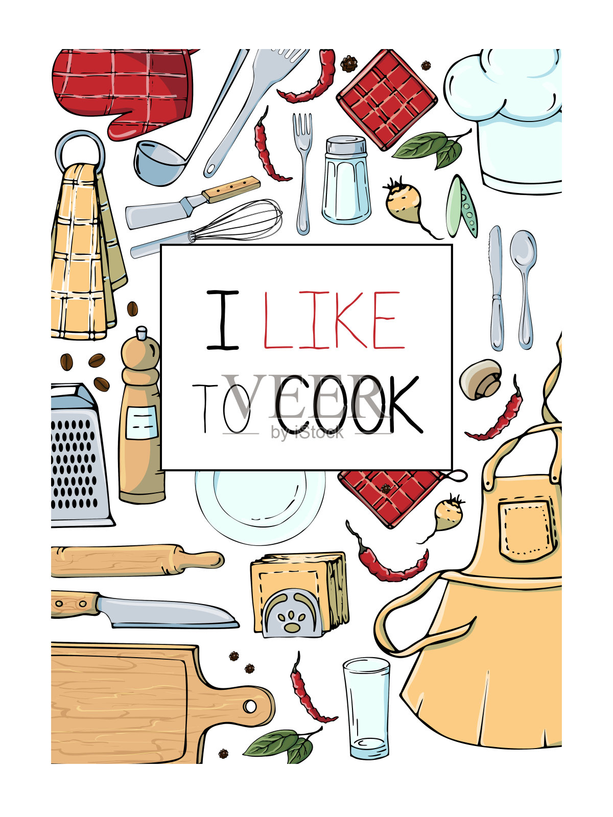手绘插图与厨房用具。烹饪工具的实际矢量图和报价。创意涂鸦风格的水墨艺术作品。厨房设置和文本我喜欢做饭插画图片素材