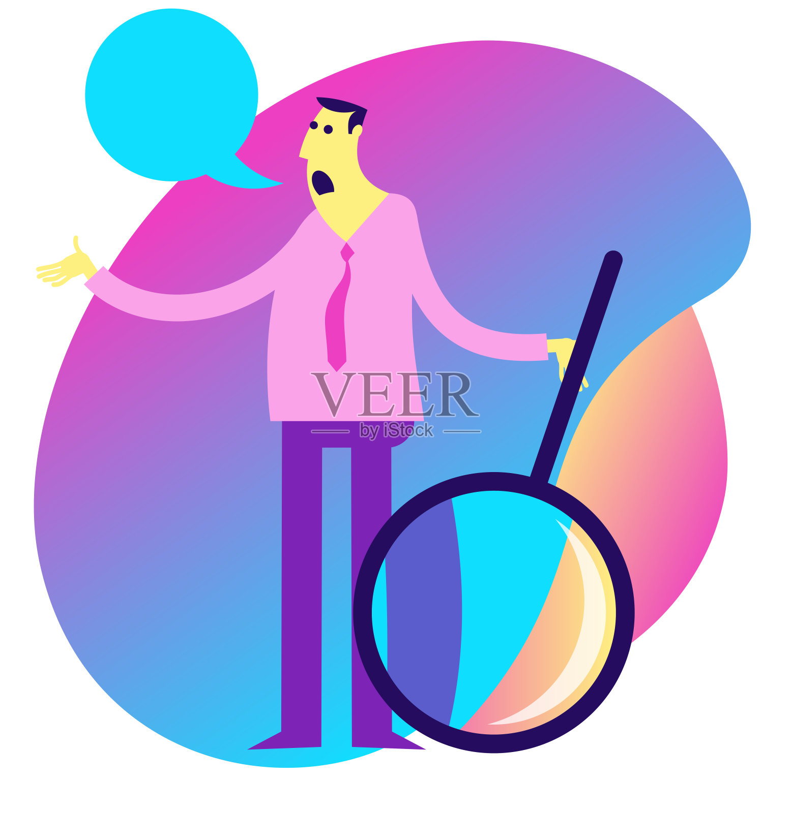 演示文稿、网页、登录页的平面设计插图:一个人拿着放大镜站在那里，他找不到文件。错误404。插画图片素材