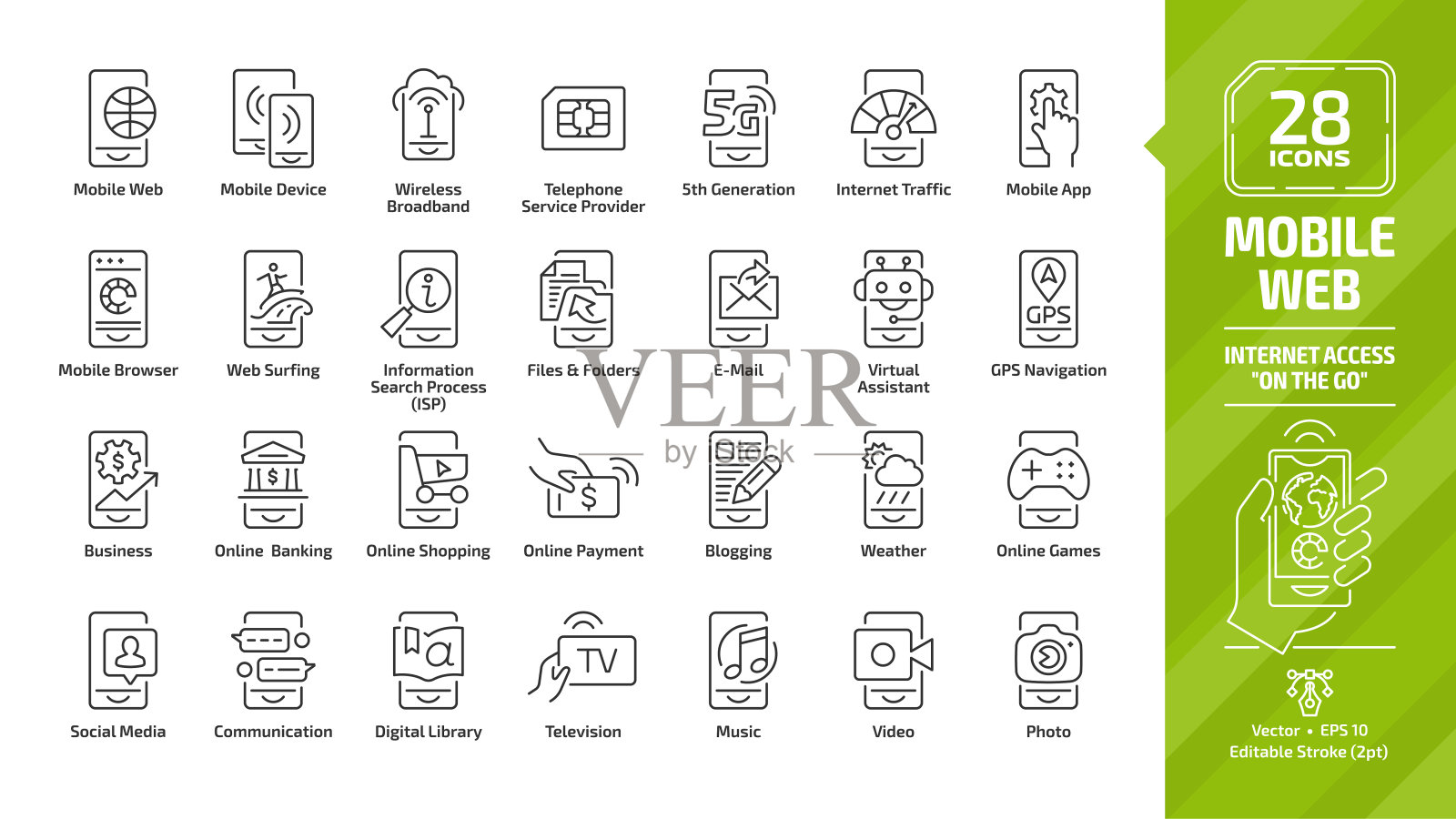 移动网页图标设置与互联网接入“正在行走”的轮廓符号:平板手机、无线网络、5G技术、手持智能手机、社交媒体等更多可编辑的描线符号。图标素材