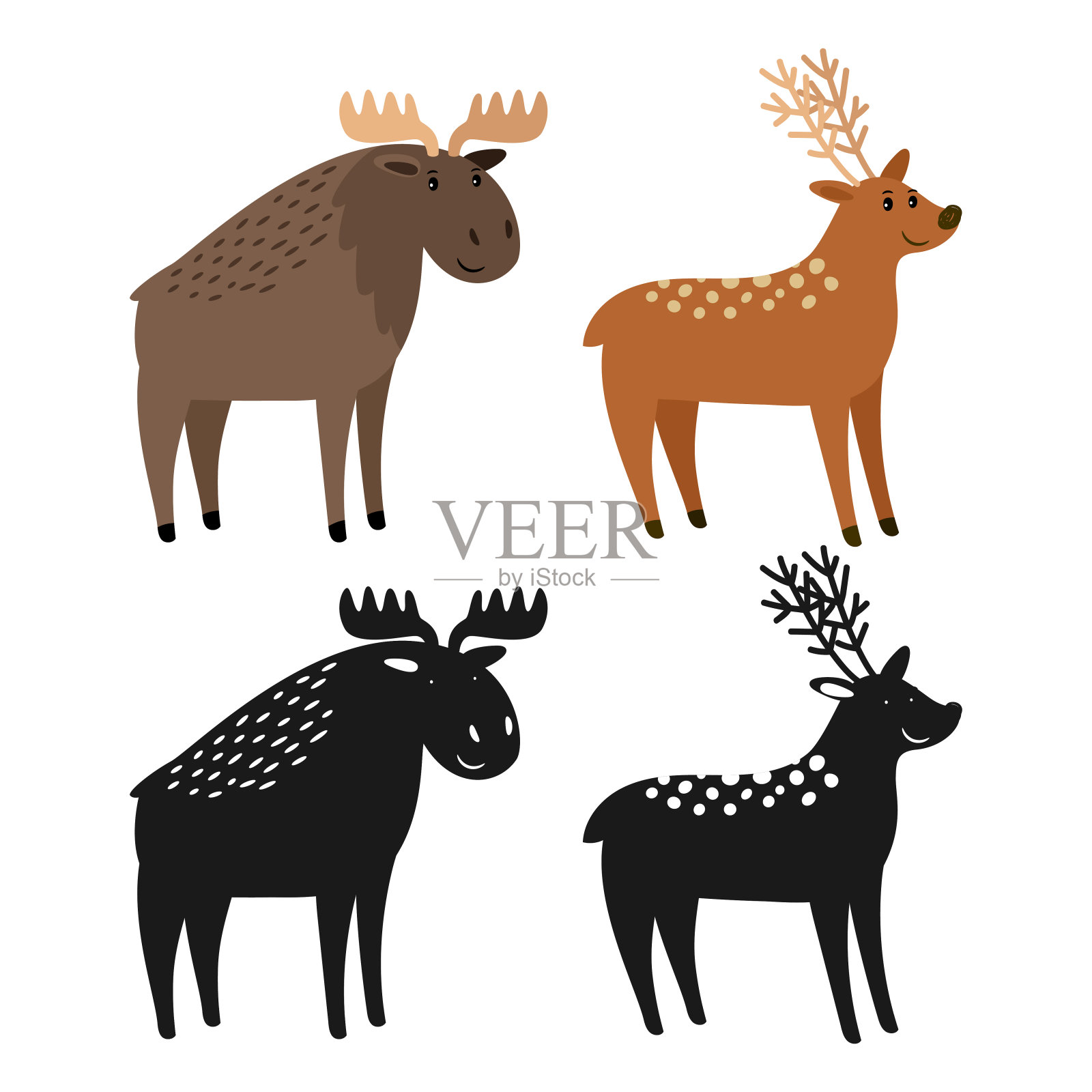 卡通人物驼鹿和鹿和动物的轮廓矢量插图插画图片素材