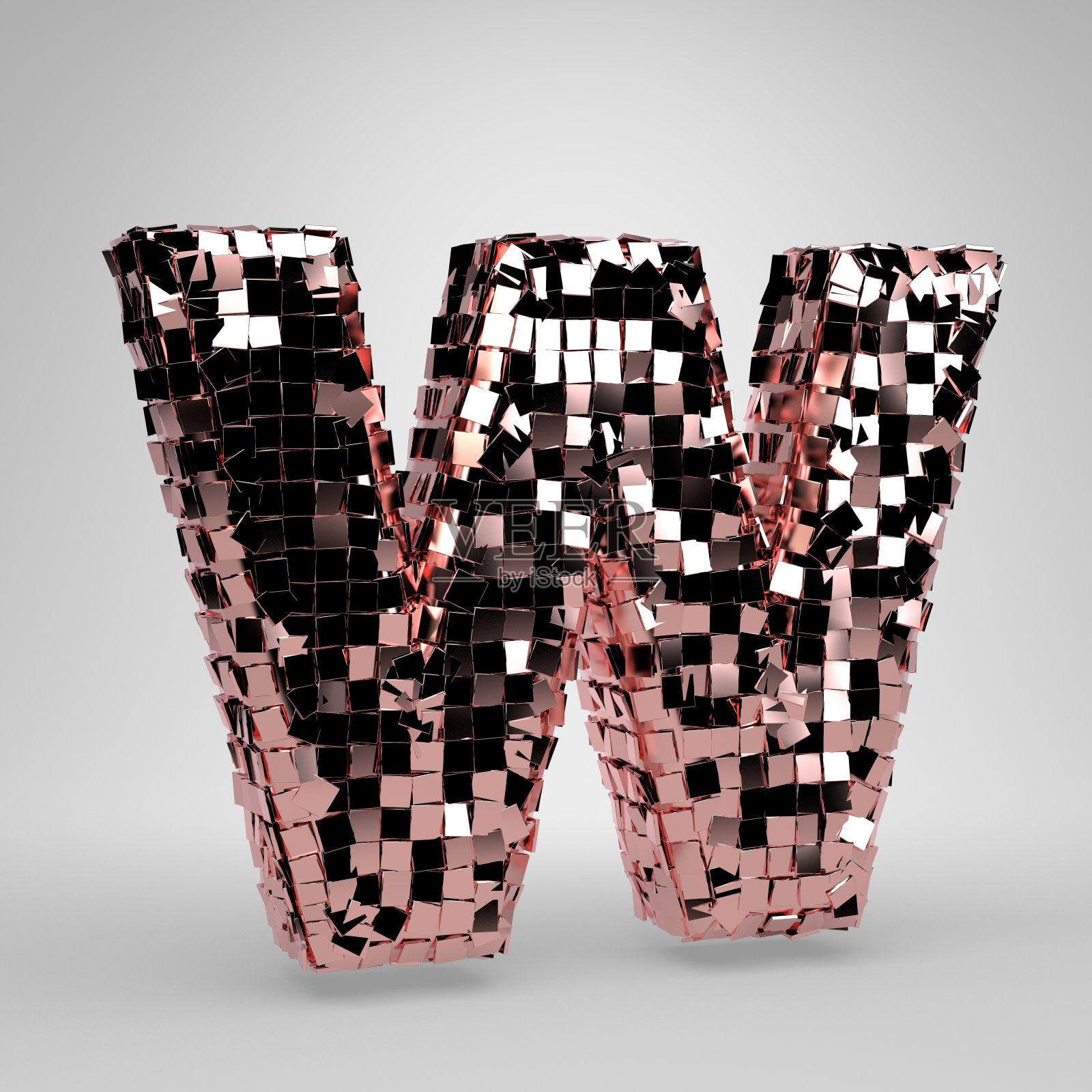 玫瑰金迪斯科球大写字母W孤立在白色背景。3 d渲染字母表。照片摄影图片