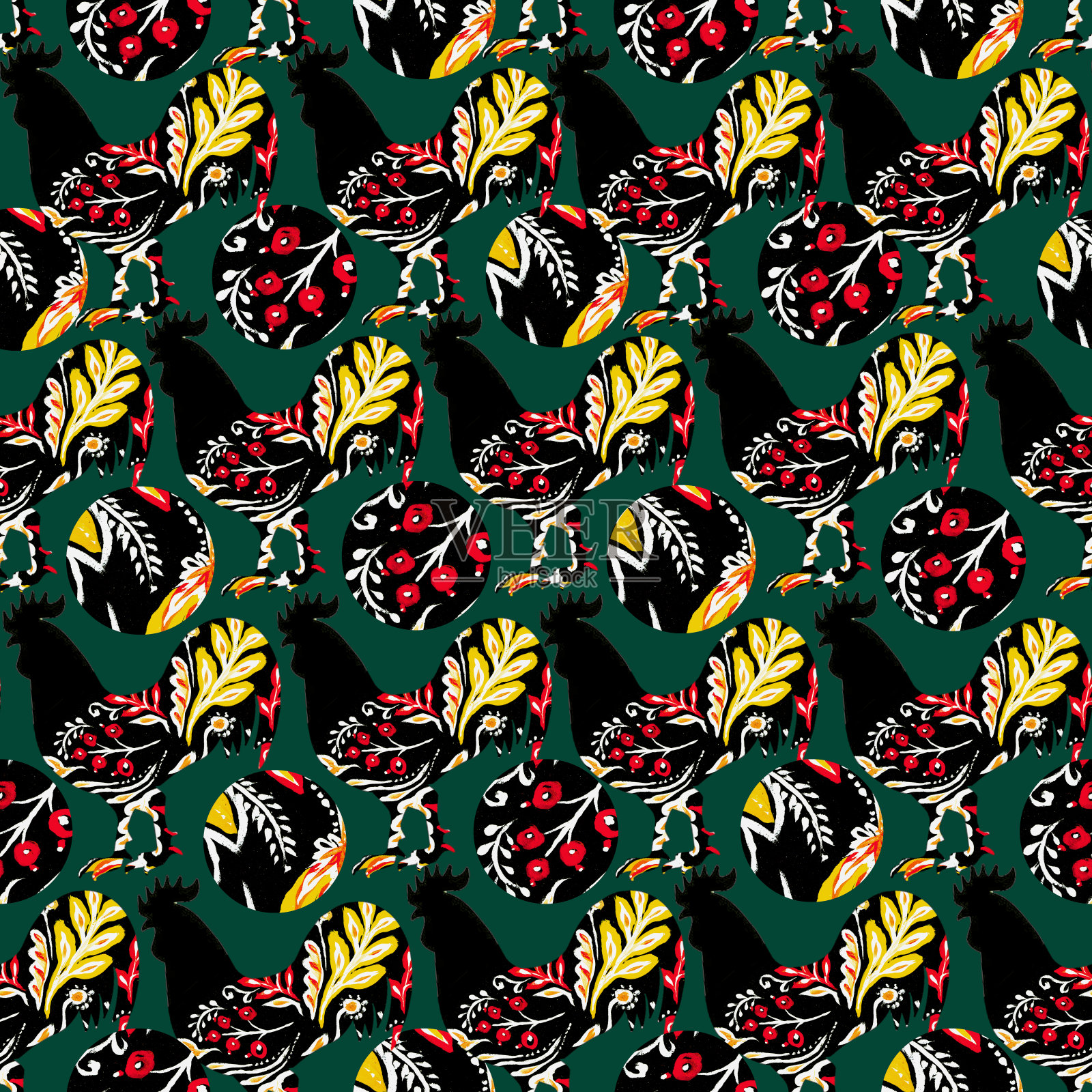 公鸡与民间花卉装饰画在深绿色插画图片素材