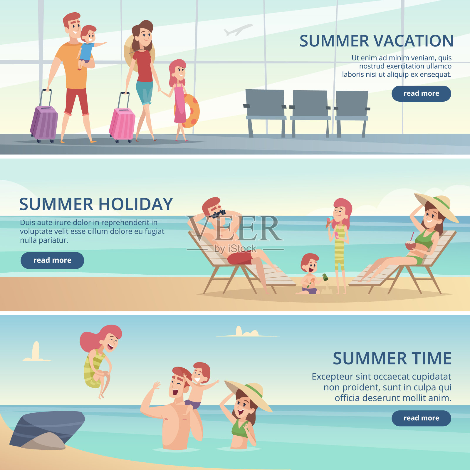 幸福家庭旅行横幅。暑假在热带海洋与父母和孩子矢量背景卡片插画图片素材