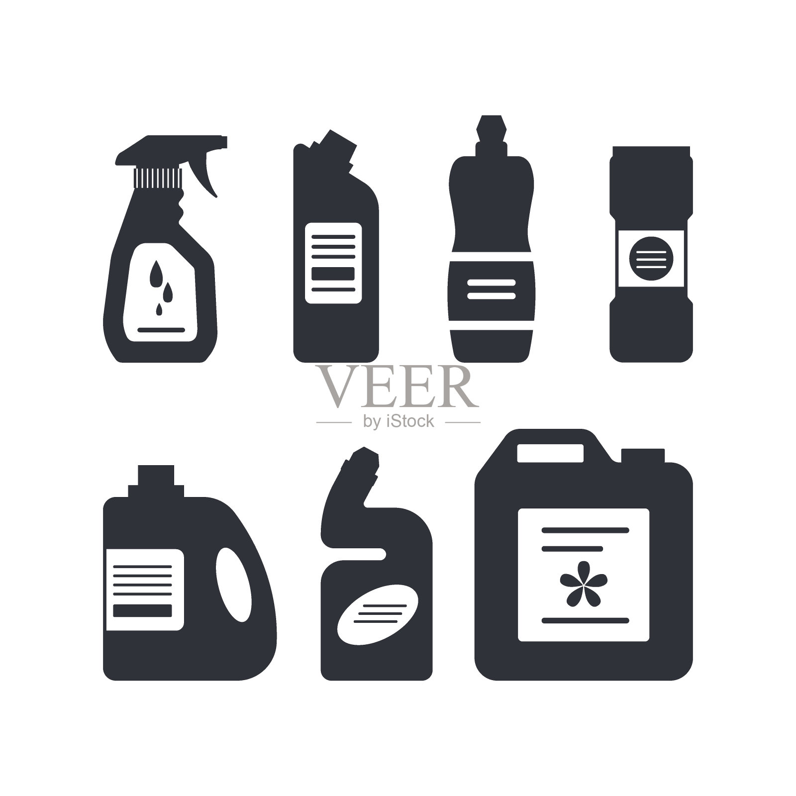 一套单色清洁工具，洗涤剂和消毒产品，家用洗涤设备。平面矢量插图孤立在白色背景上插画图片素材