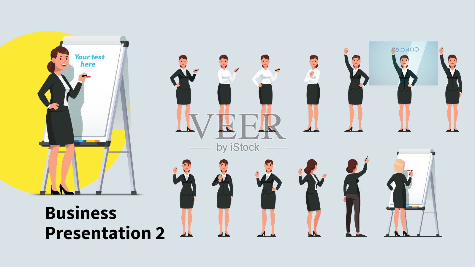 看起来很专业的商务女教师在现代白板上做展示或演讲。女商人在白板和透明玻璃板上写字。平面矢量字符插图集合插画图片素材