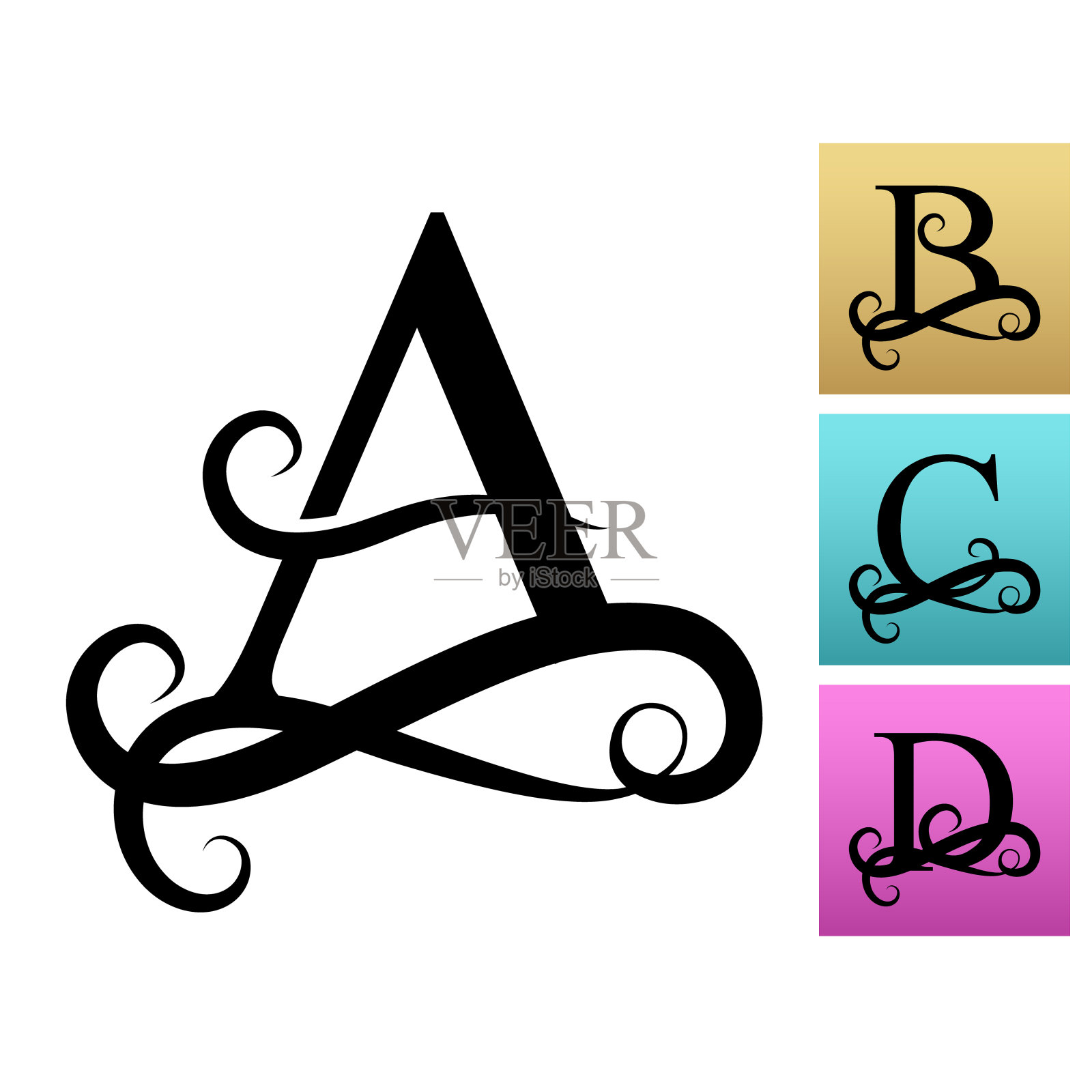 首字母为字母组合。美丽的金银丝细工的字体。插画图片素材