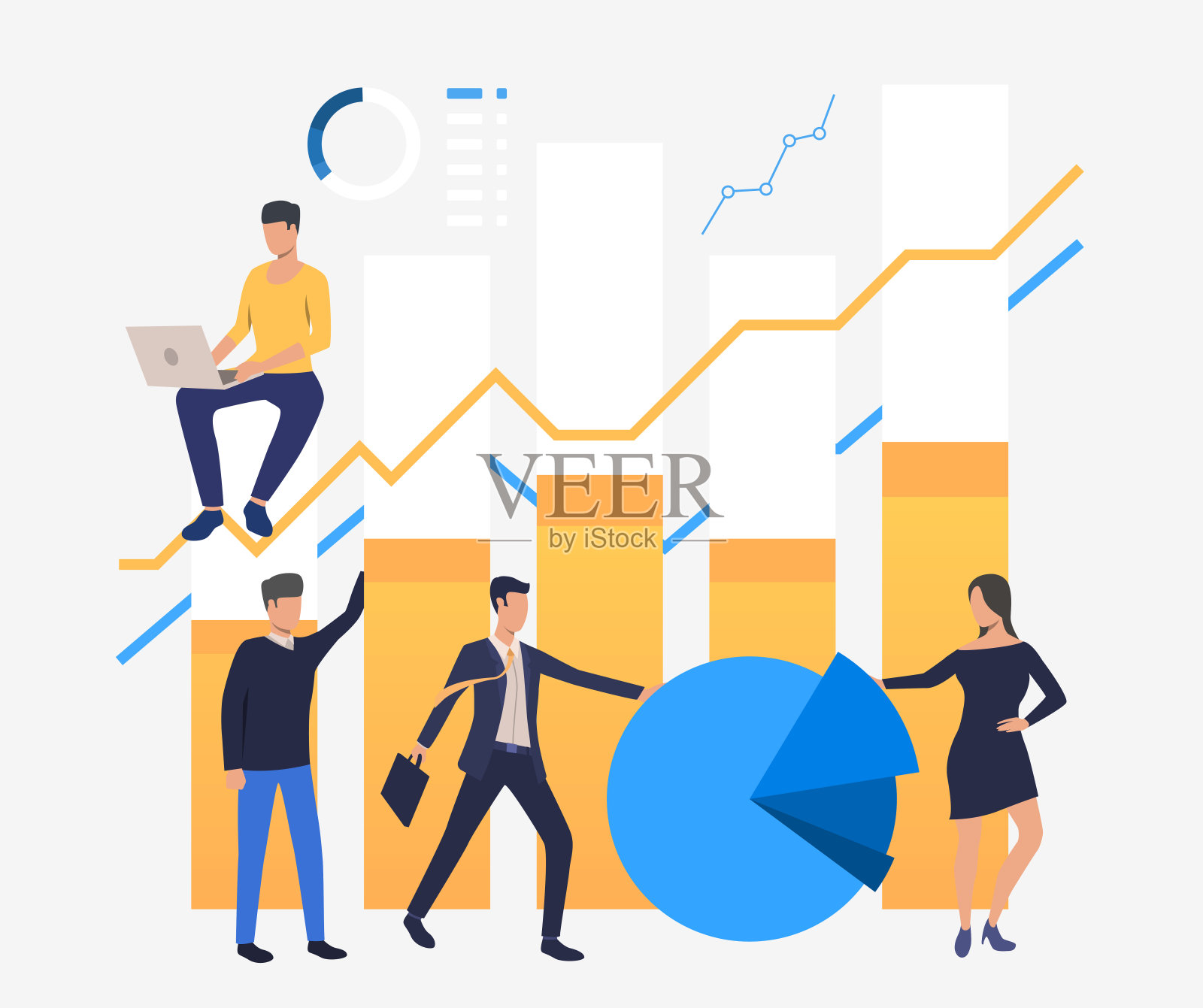 商业人士分析财务条形图、饼状图和折线图插画图片素材