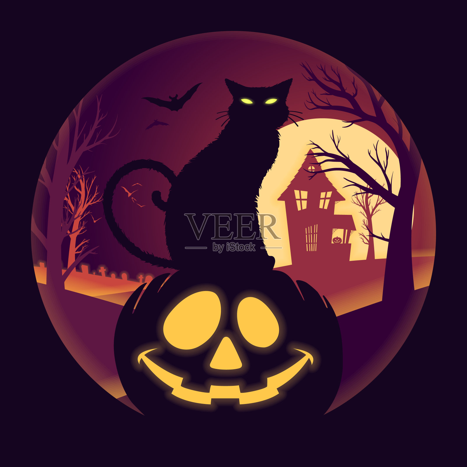 万圣节满月与杰克O灯笼和黑猫矢量插图插画图片素材