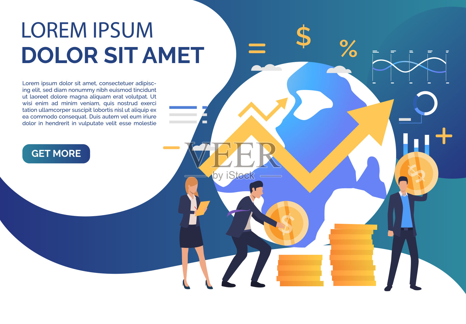 商人手里拿着金币、地球仪、样书插画图片素材