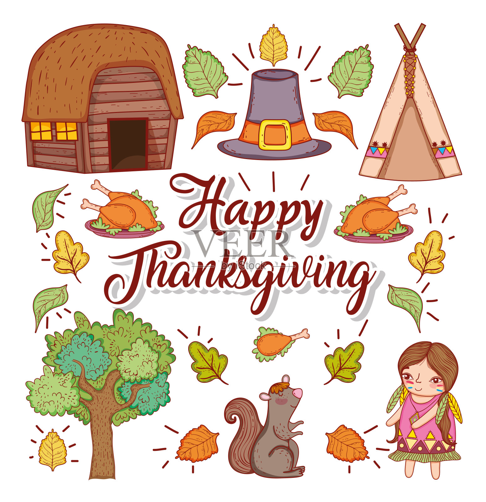 用火鸡和秋天庆祝感恩节插画图片素材
