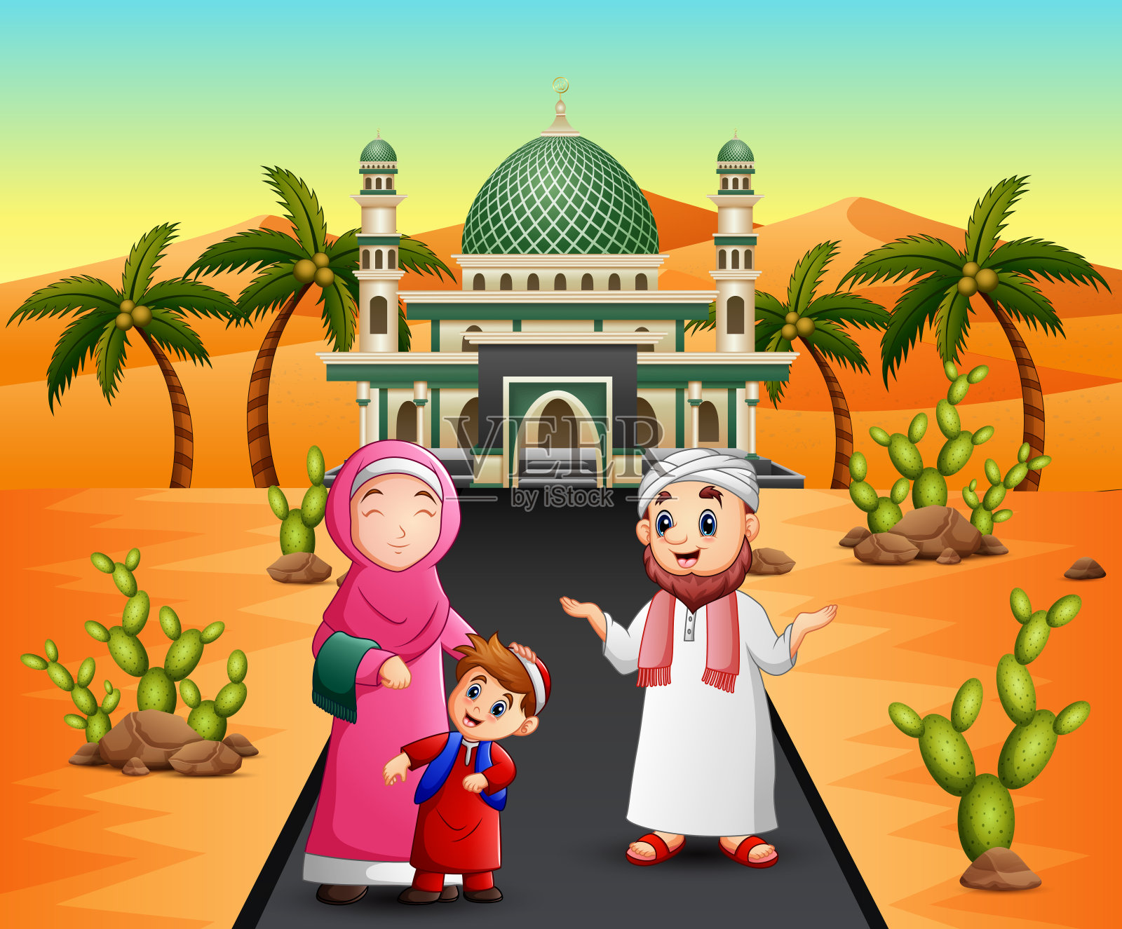 一个穆斯林家庭在清真寺前的沙漠背景插画图片素材