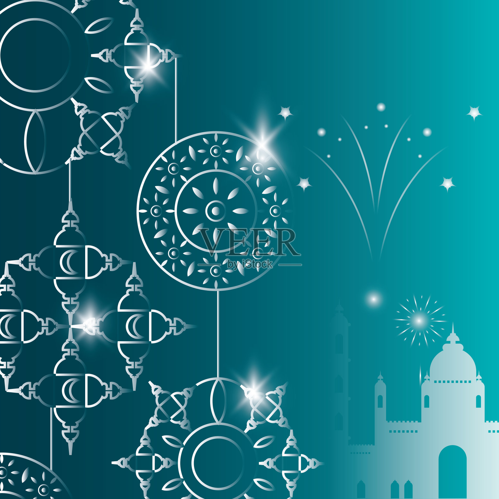 斋月卡里姆清真寺建筑与烟花和曼荼罗插画图片素材