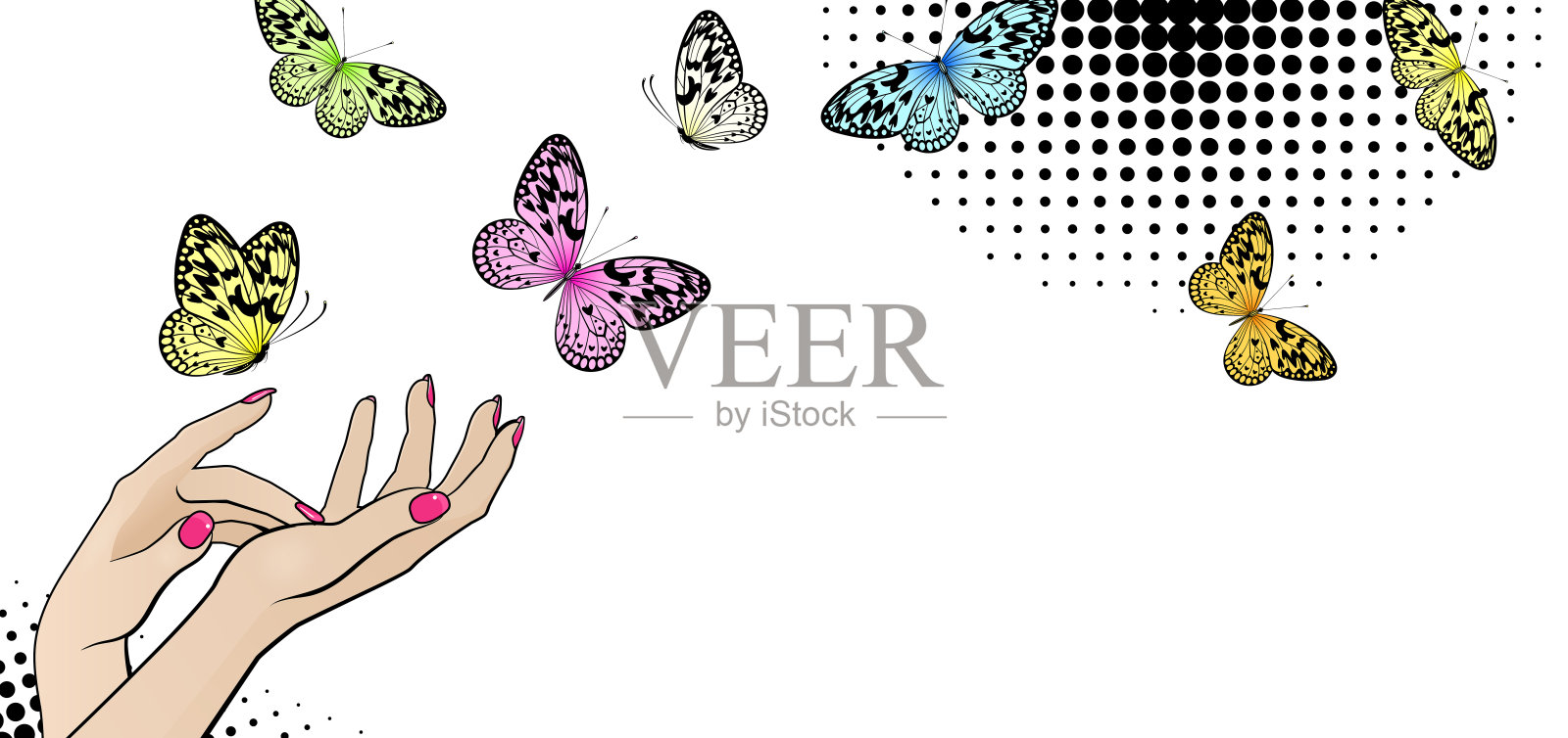 女性手和鲜艳的蝴蝶横旗插画图片素材