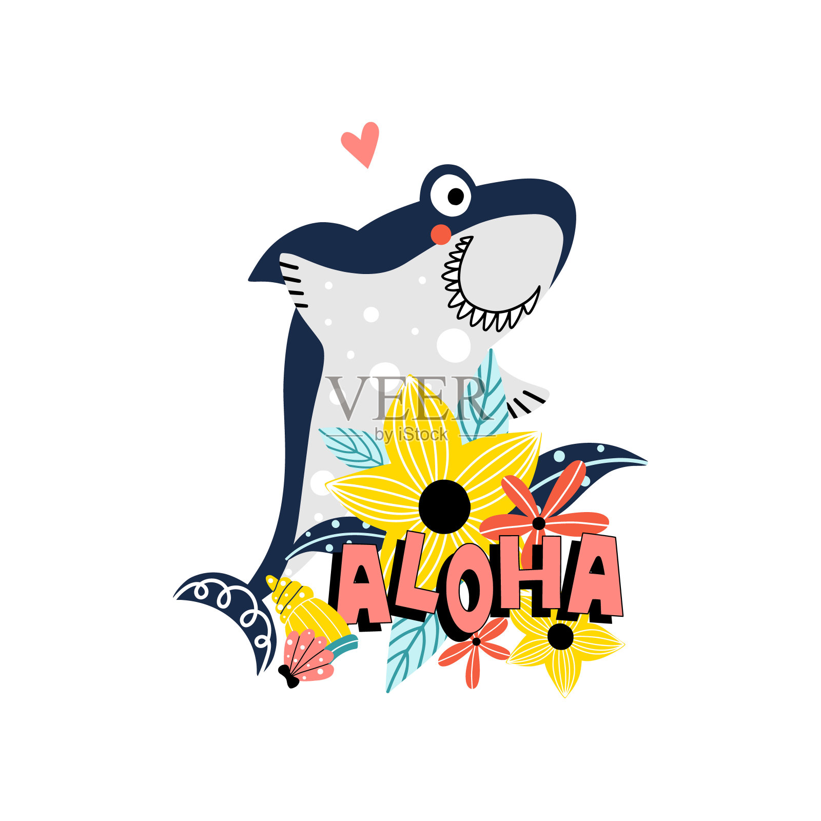 用鲨鱼和花说阿罗哈插画图片素材