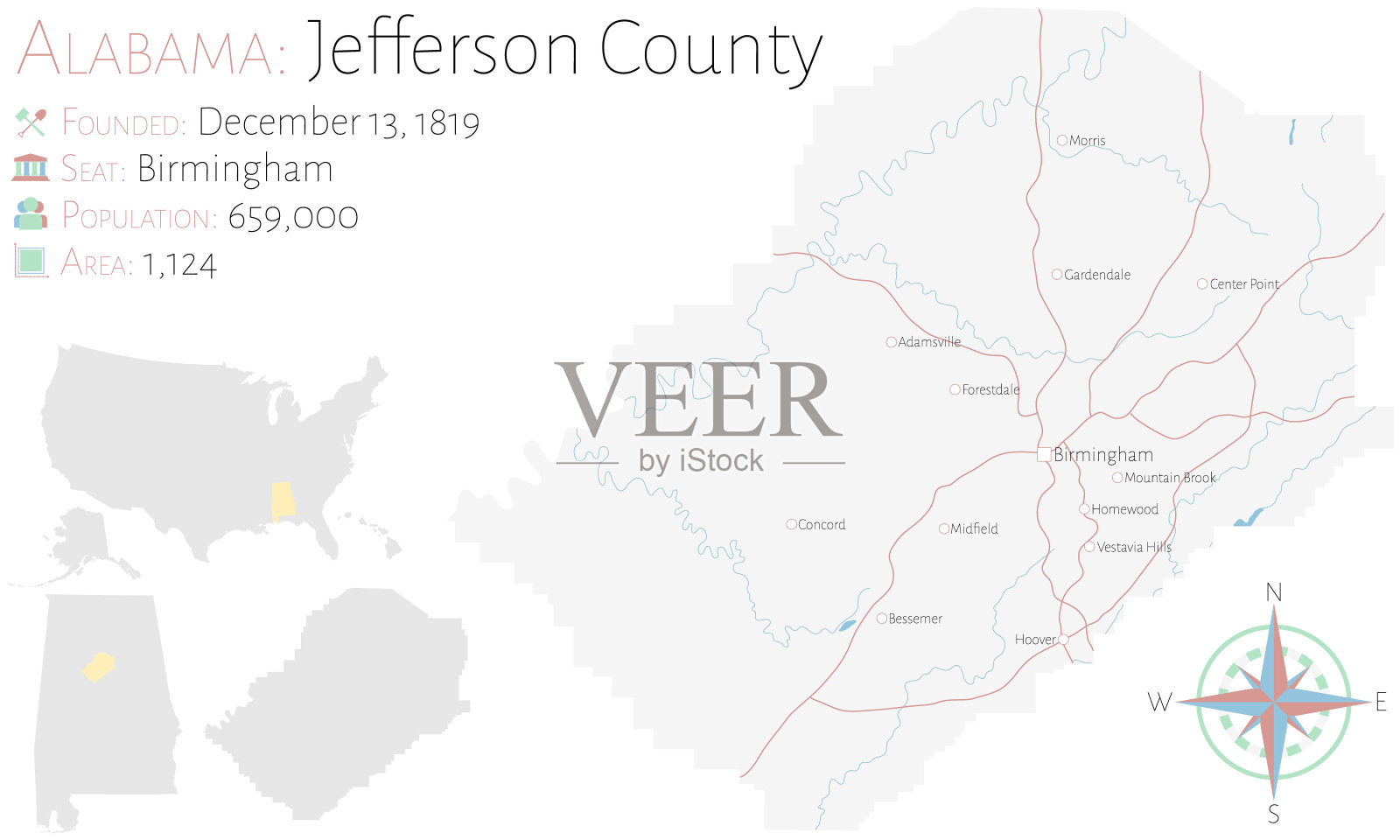 阿拉巴马州杰斐逊县地图插画图片素材