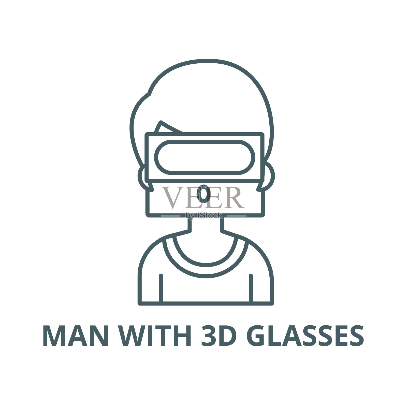 虚拟现实，人带3d眼镜矢量线图标，线性概念，轮廓符号，符号设计元素图片