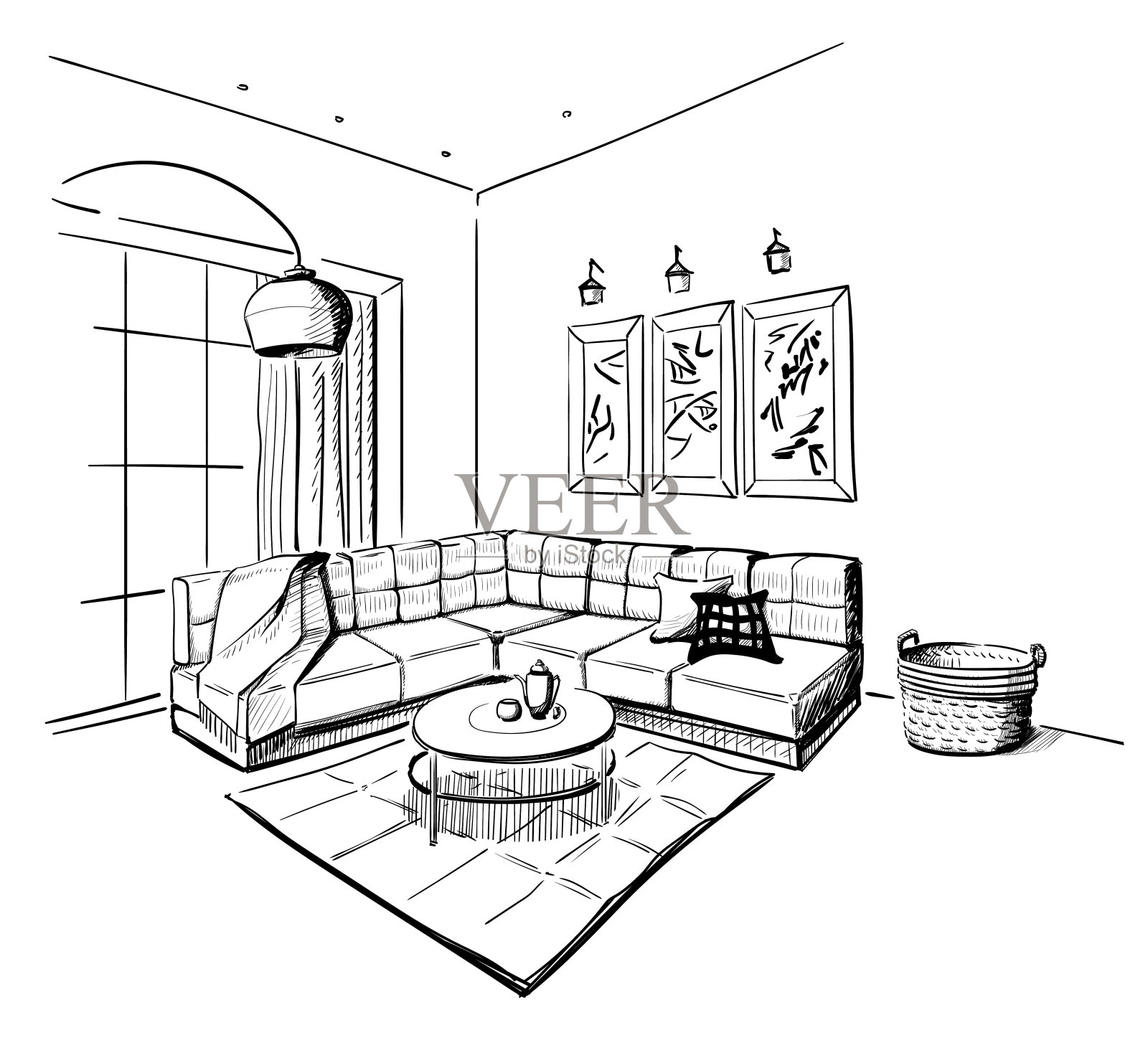 客厅室内效果图。插画图片素材