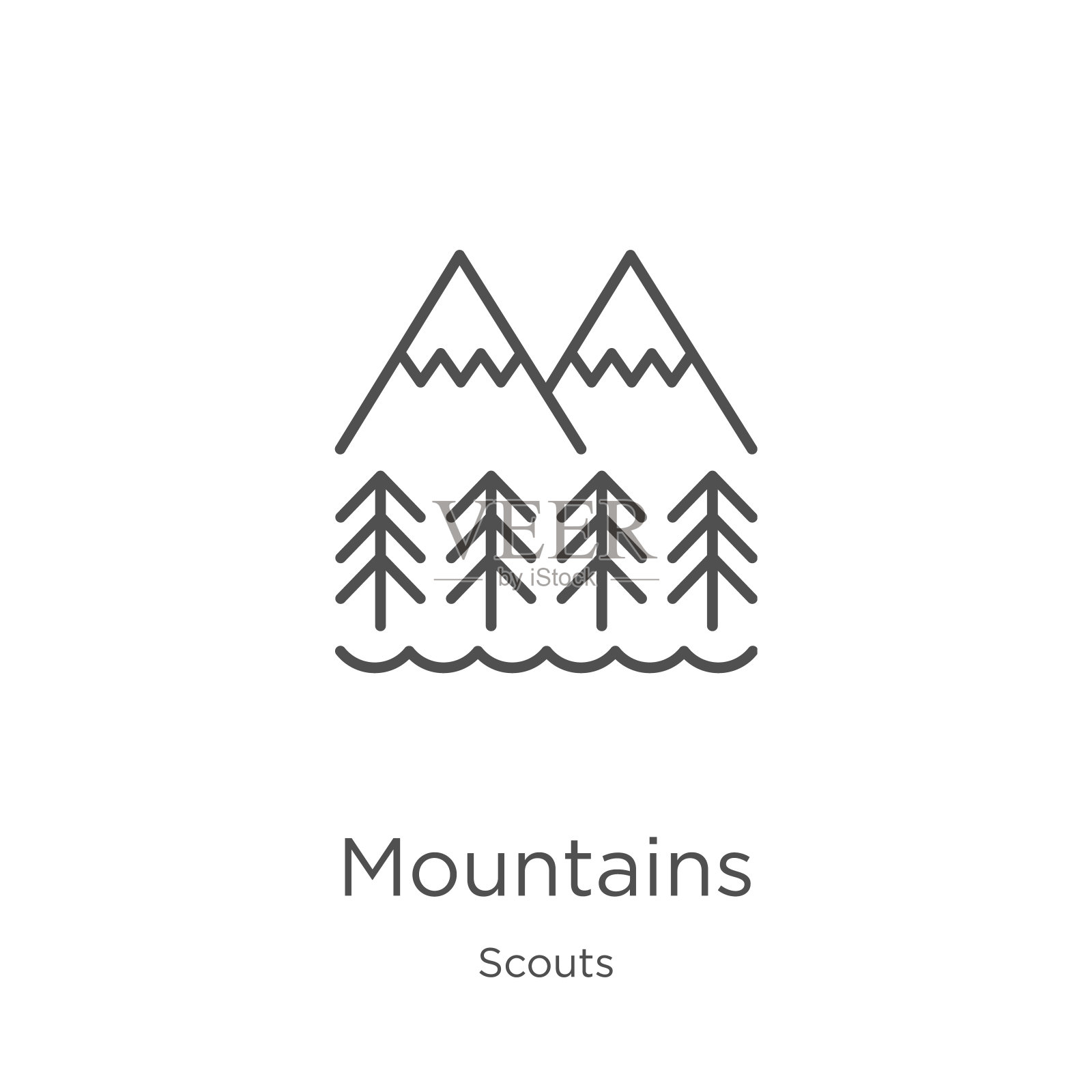 山脉图标向量从童子军收集。细线山轮廓图标矢量插图。轮廓，细线山图标用于网站设计和移动，应用程序开发插画图片素材