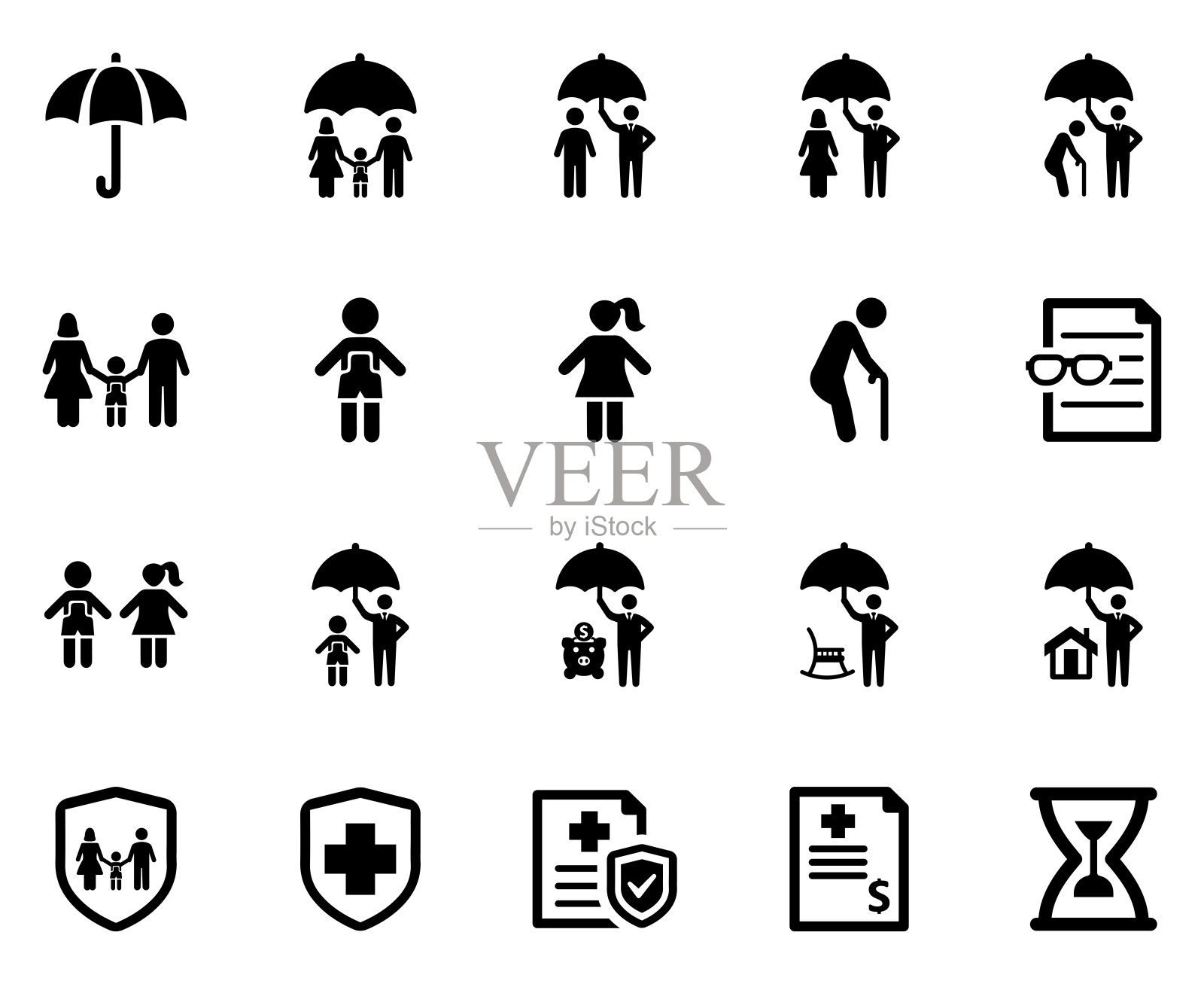 人寿保险图标套装(黑色系列)插画图片素材