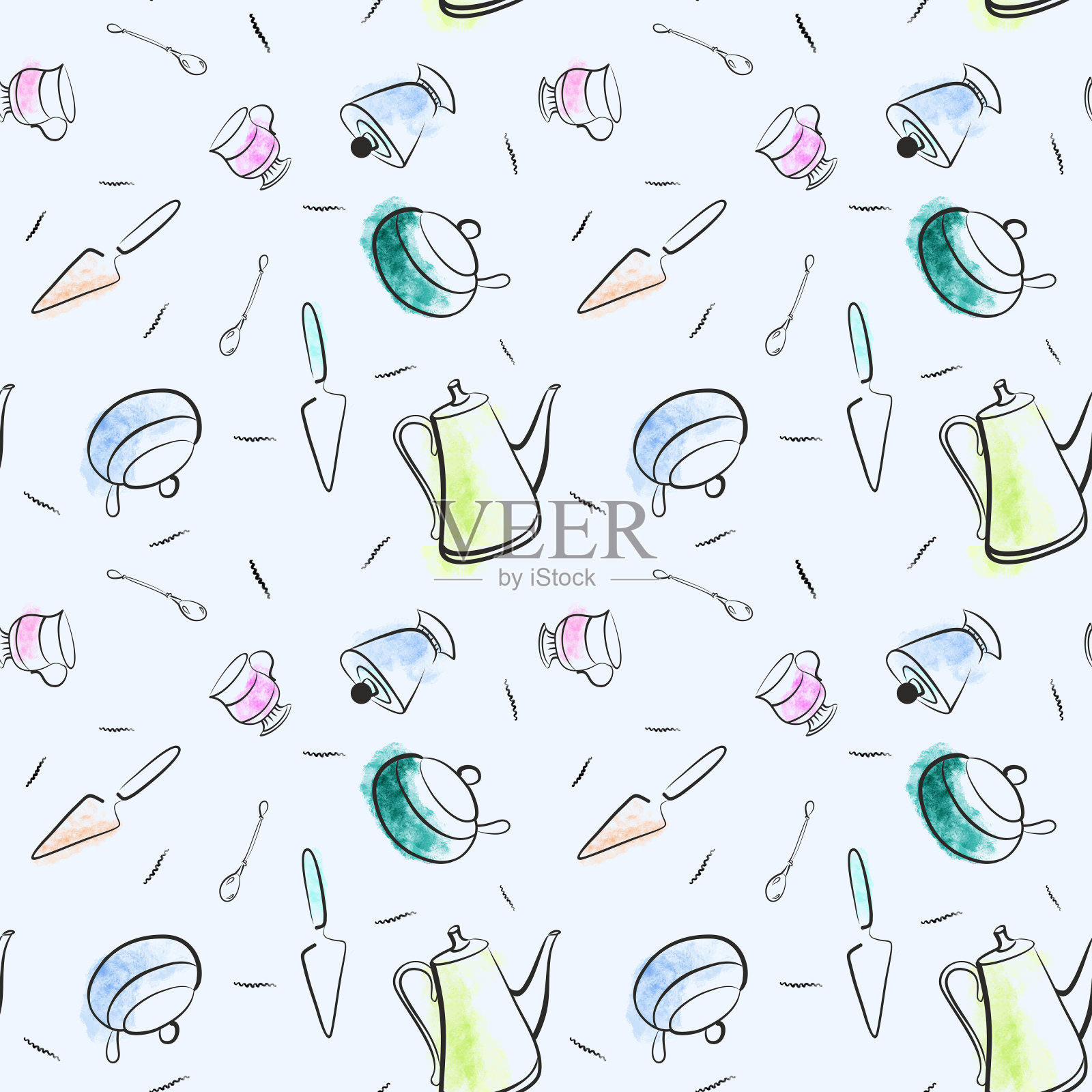无缝图案茶具复古。在一个蓝色的背景。图形绘画、剪影、水彩彩色污渍插画图片素材