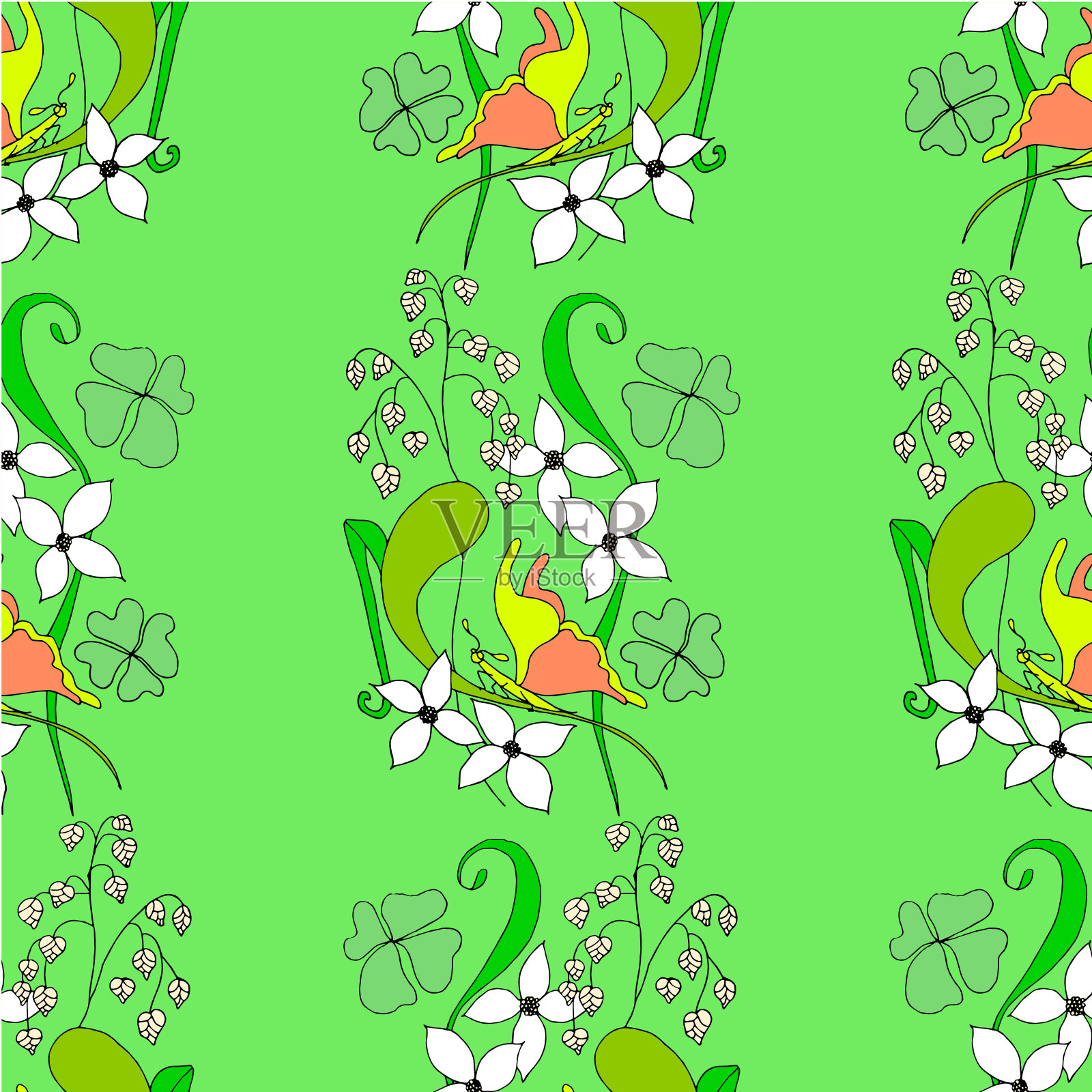 花蝴蝶无缝图案上的绿色。设计元素库存矢量图插画图片素材