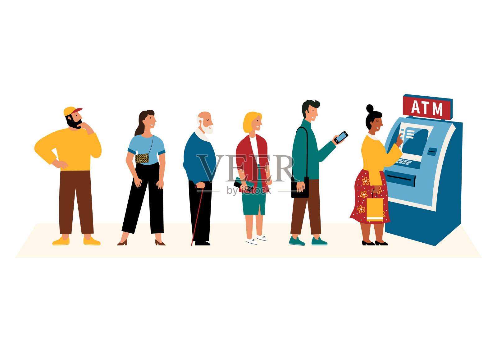 人们在自动取款机旁排队。平面卡通矢量插图，孤立在白色上。插画图片素材