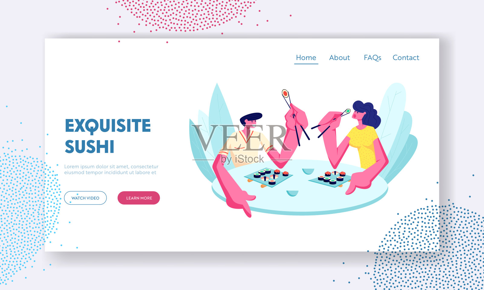 年轻快乐的夫妇在日本咖啡馆或餐厅吃寿司和卷棒。约会，周末休闲，休息，业余时间。网站登陆页，网页页。卡通平面矢量插图，旗帜插画图片素材