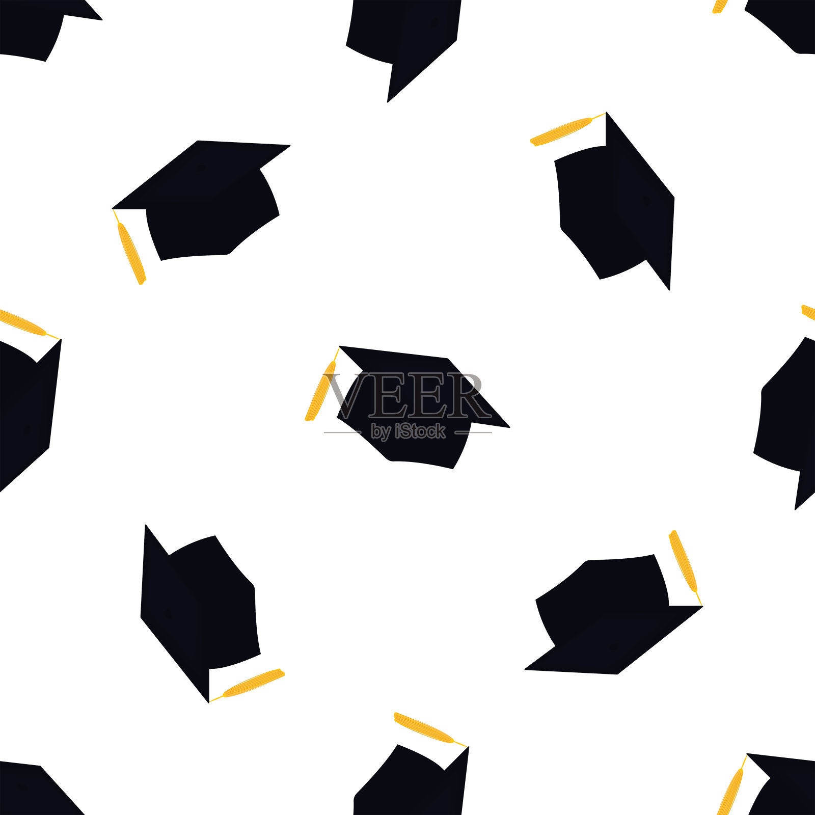 带流苏的学位帽。大学毕业帽。毕业帽无缝图案插画图片素材