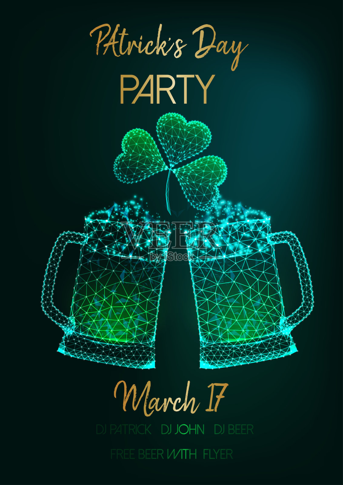 圣帕特里克节派对邀请传单与两个发光低聚啤酒杯，三叶草和绿色文字插画图片素材