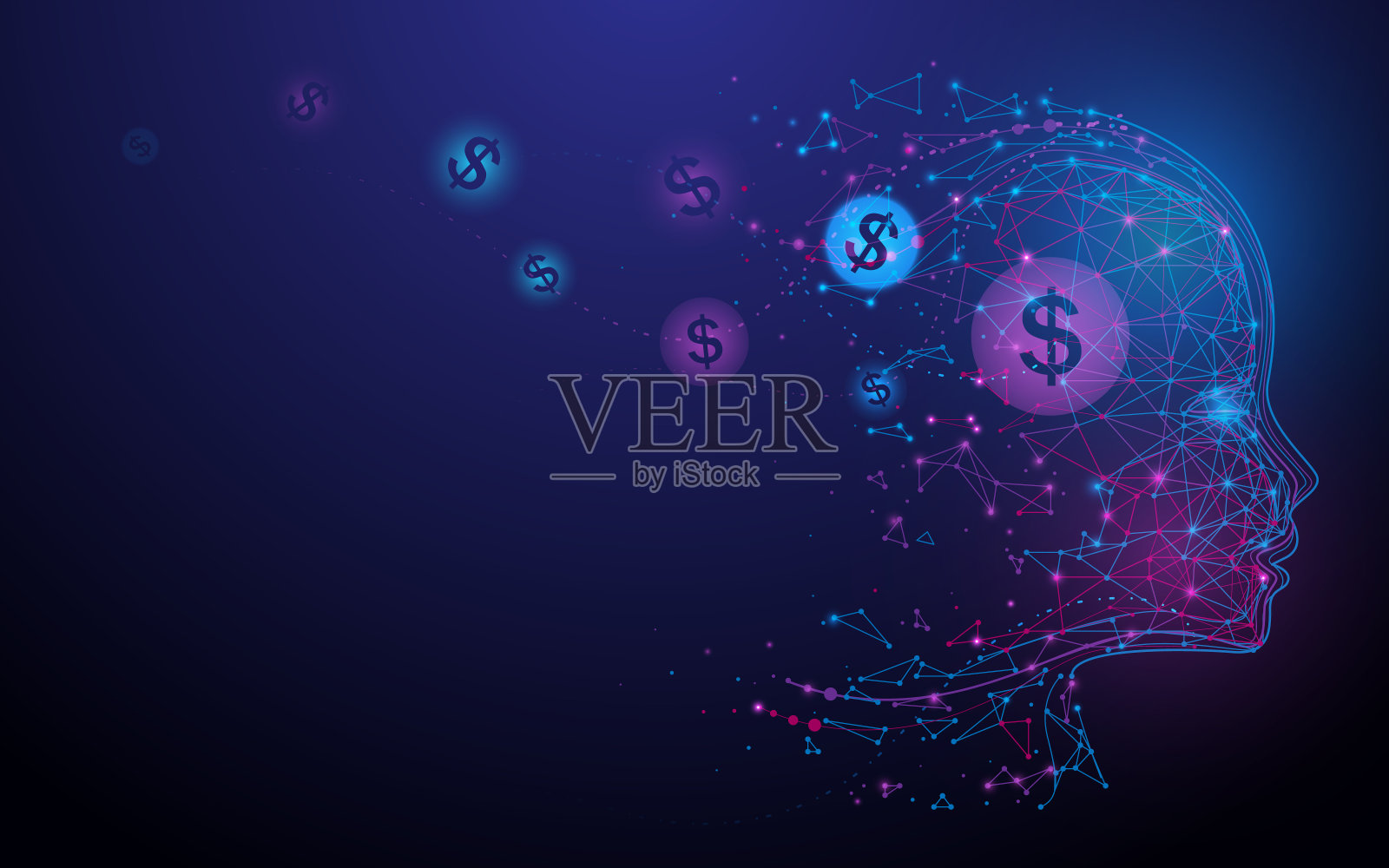 人的头部与美元符号从线，三角形和粒子风格的设计。说明向量插画图片素材