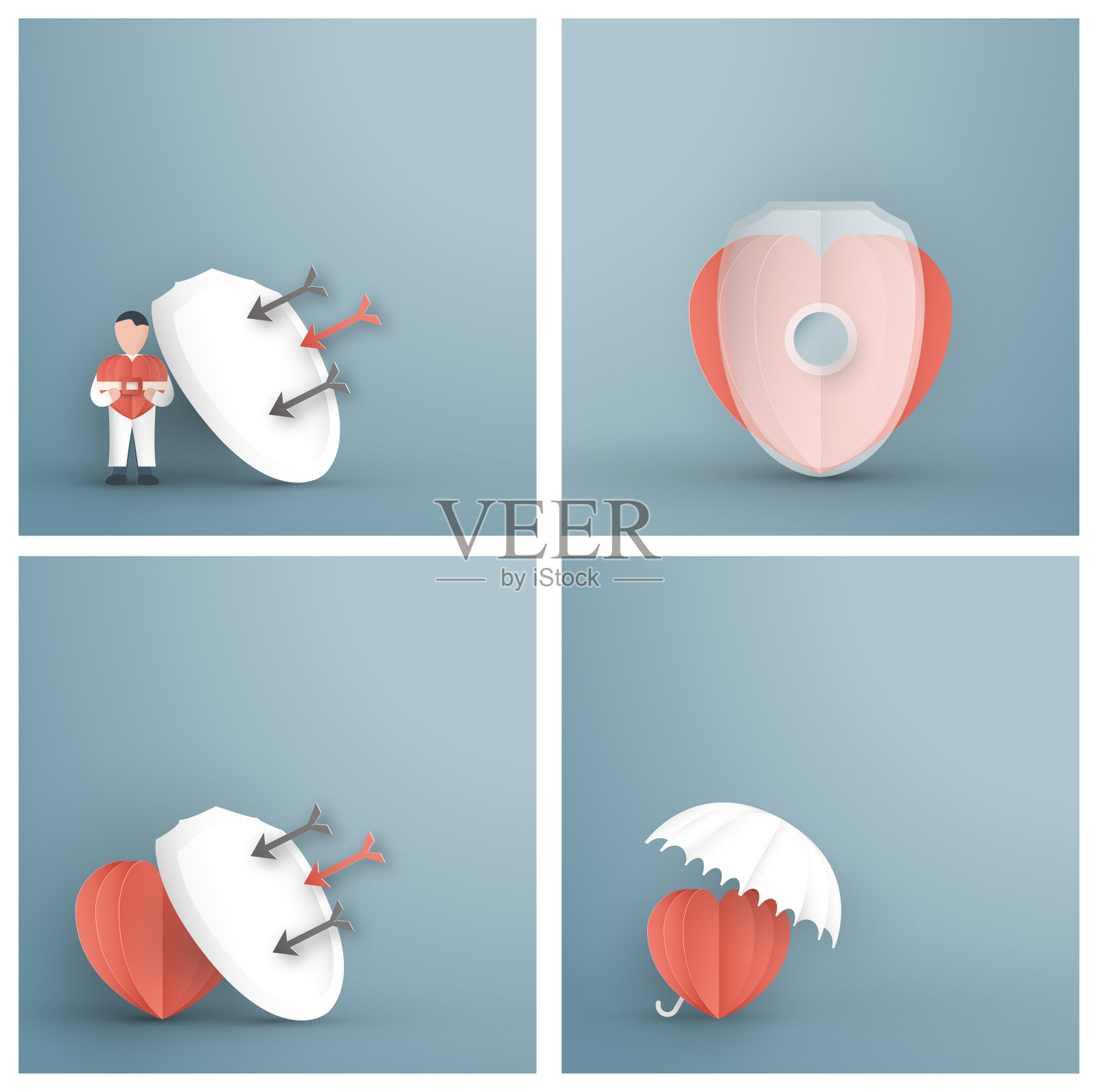 健康保险概念中的媒介说明。模板元素设计是在淡蓝色背景为封面，网页横幅，海报，幻灯片演示。在3D剪纸风格的孩子艺术工艺。插画图片素材