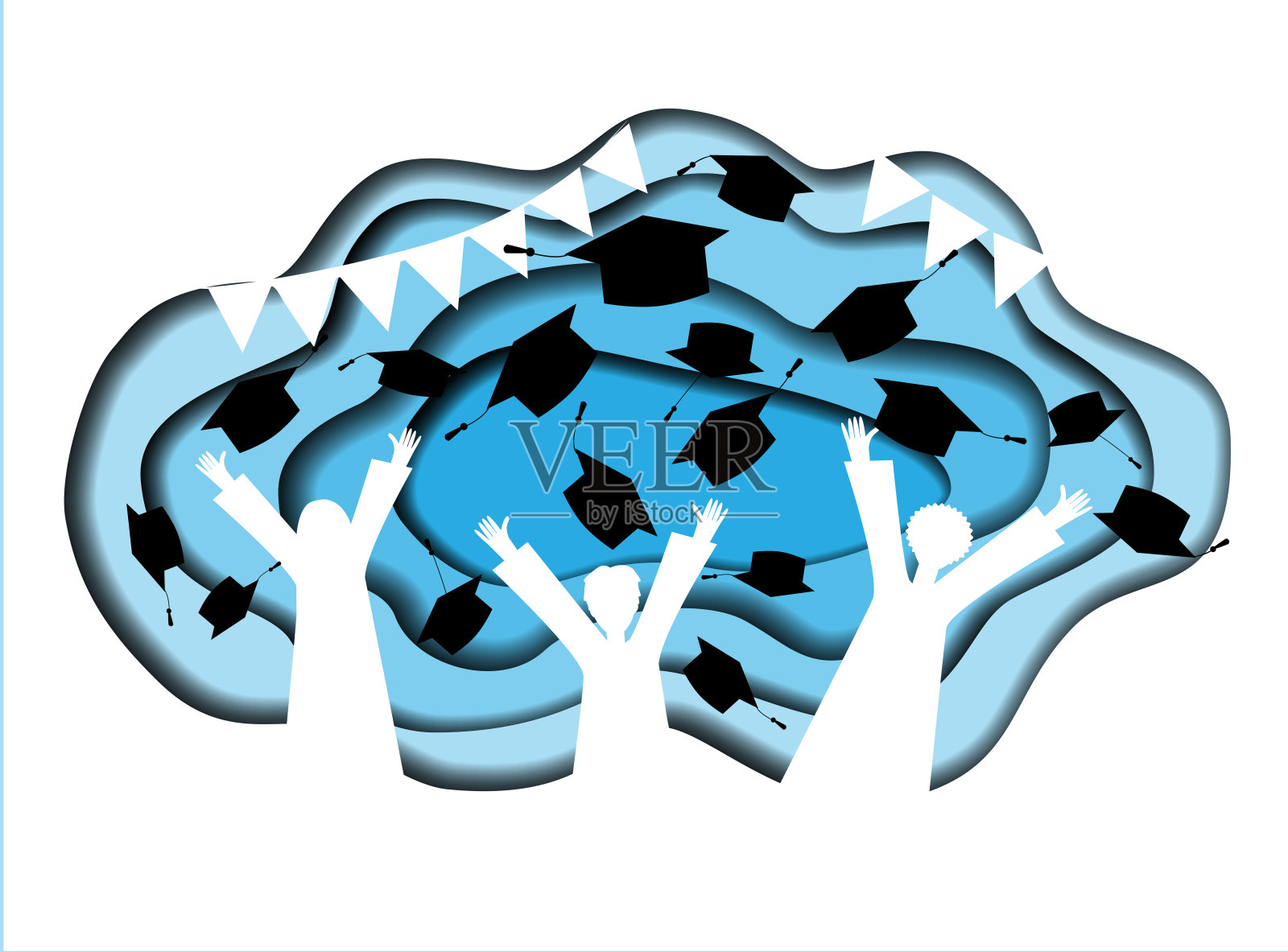 学生们的剪影是扔毕业帽的字。大学毕业卡通矢量插画。剪纸的风格。插画图片素材
