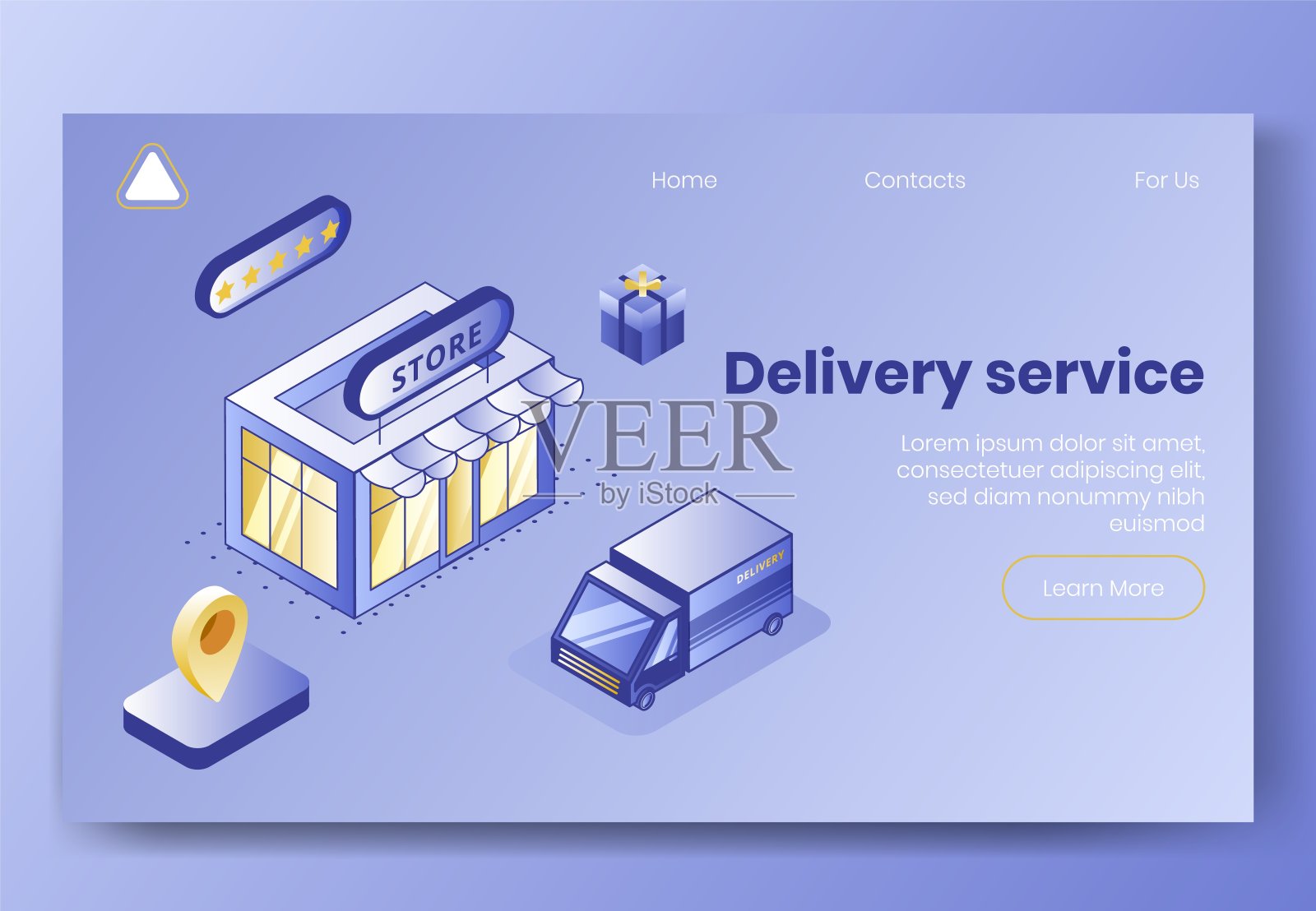 数字等距设计概念集交付服务app 3d图标。等距商业金融符号-商店，卡车汽车，包装盒，地理标签，登陆页面上的五星旗帜网络在线概念插画图片素材