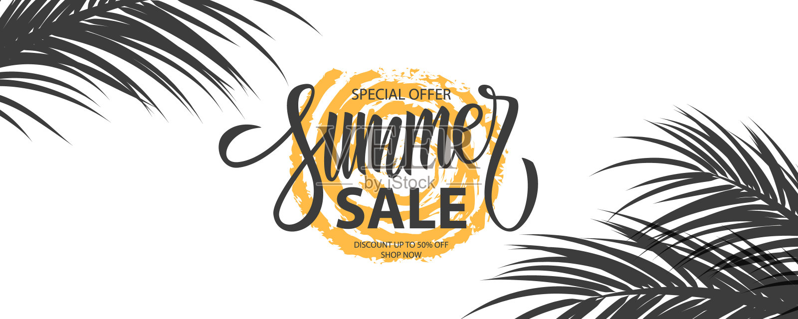 夏季促销横幅。夏季季节特别优惠背景与手印和棕榈叶的商业，季节性购物，促销和广告。插画图片素材