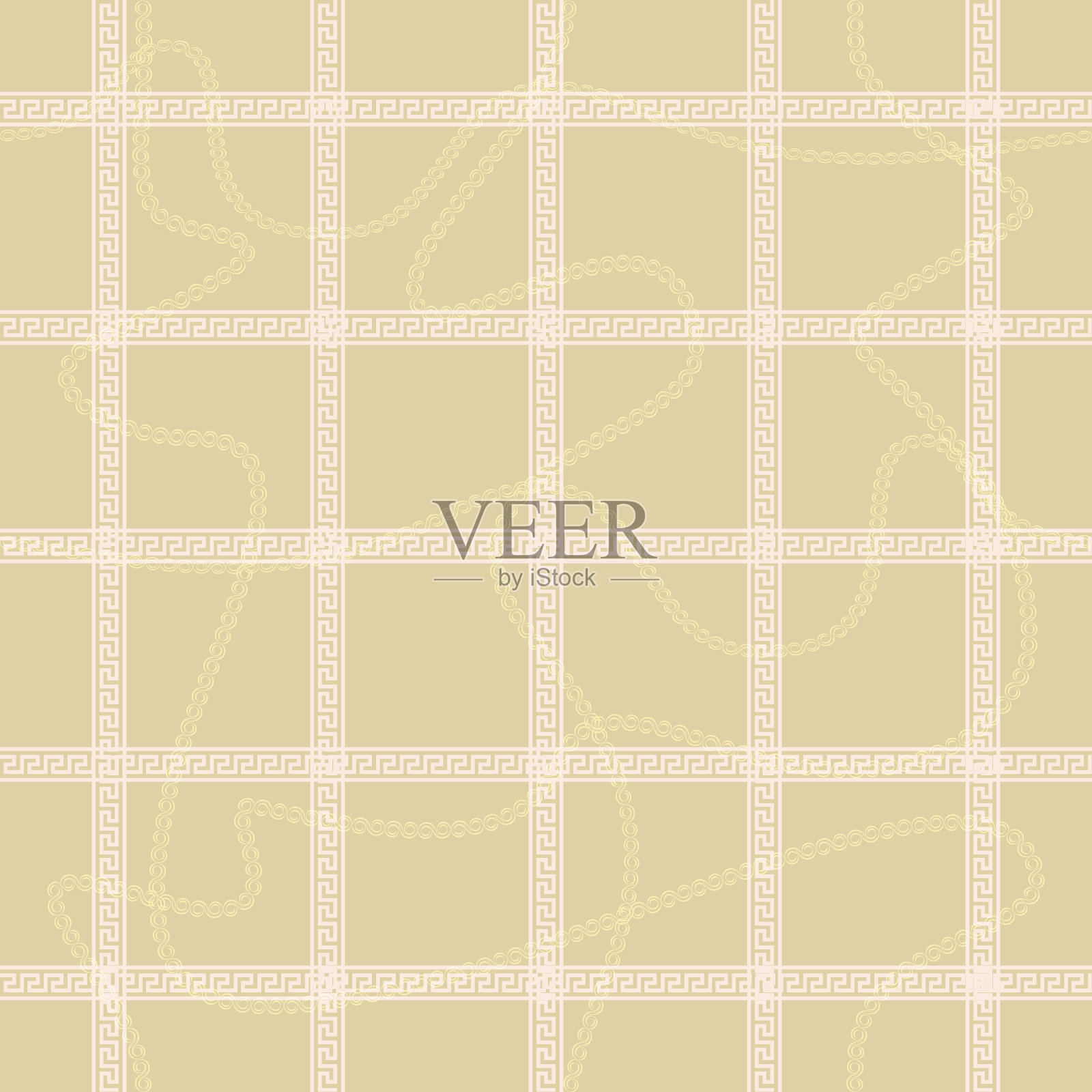 连续的曲线链和传统的装饰条纹无缝图案。矢量插图在软粉色，黄色和奶油。插画图片素材