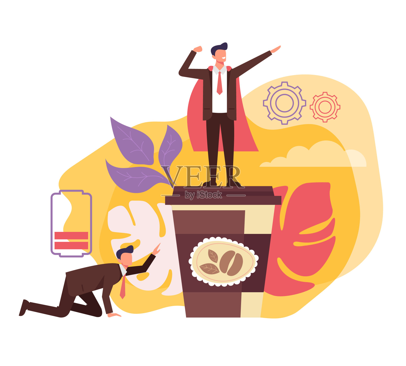 两位经理疲惫不堪，精力充沛。早上的咖啡时间概念。矢量平面设计孤立插图插画图片素材