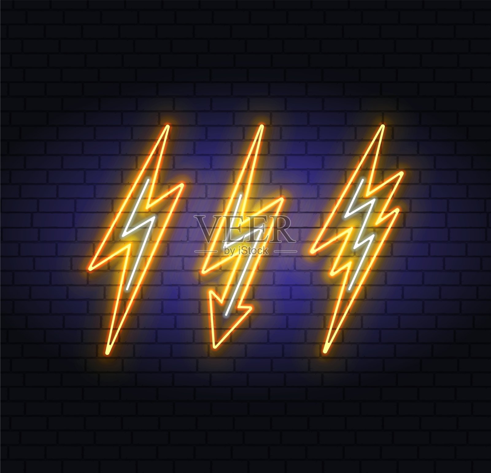 闪电设置霓虹灯。矢量设计模板。高压霓虹标志，灯光横幅设计元素色彩缤纷，现代设计潮流，夜间明亮的广告，明亮的标识。矢量图插画图片素材