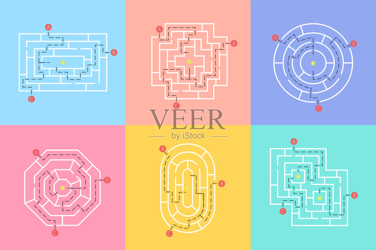 迷宫形状设计元素。三个入口，一个出口，一条正确的路。但也有许多通向僵局的道路。插画图片素材