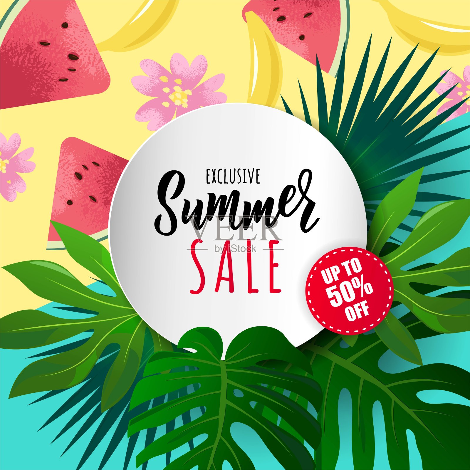 印有热带树叶、西瓜、香蕉的夏季促销横幅。手字母文字。季节假期，周末，假日标志。非常适合卡片，小册子，图标，传单，广告海报模板。插画图片素材