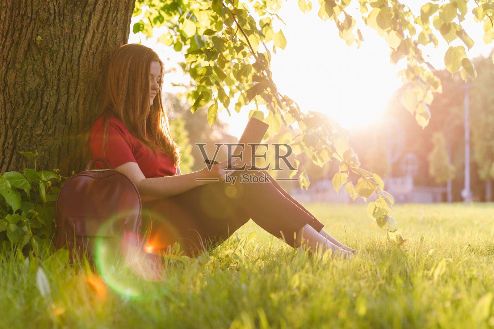 女孩坐在夏天的公园里，用笔记计划她的目标和方法。人生教练目标概念照片摄影图片