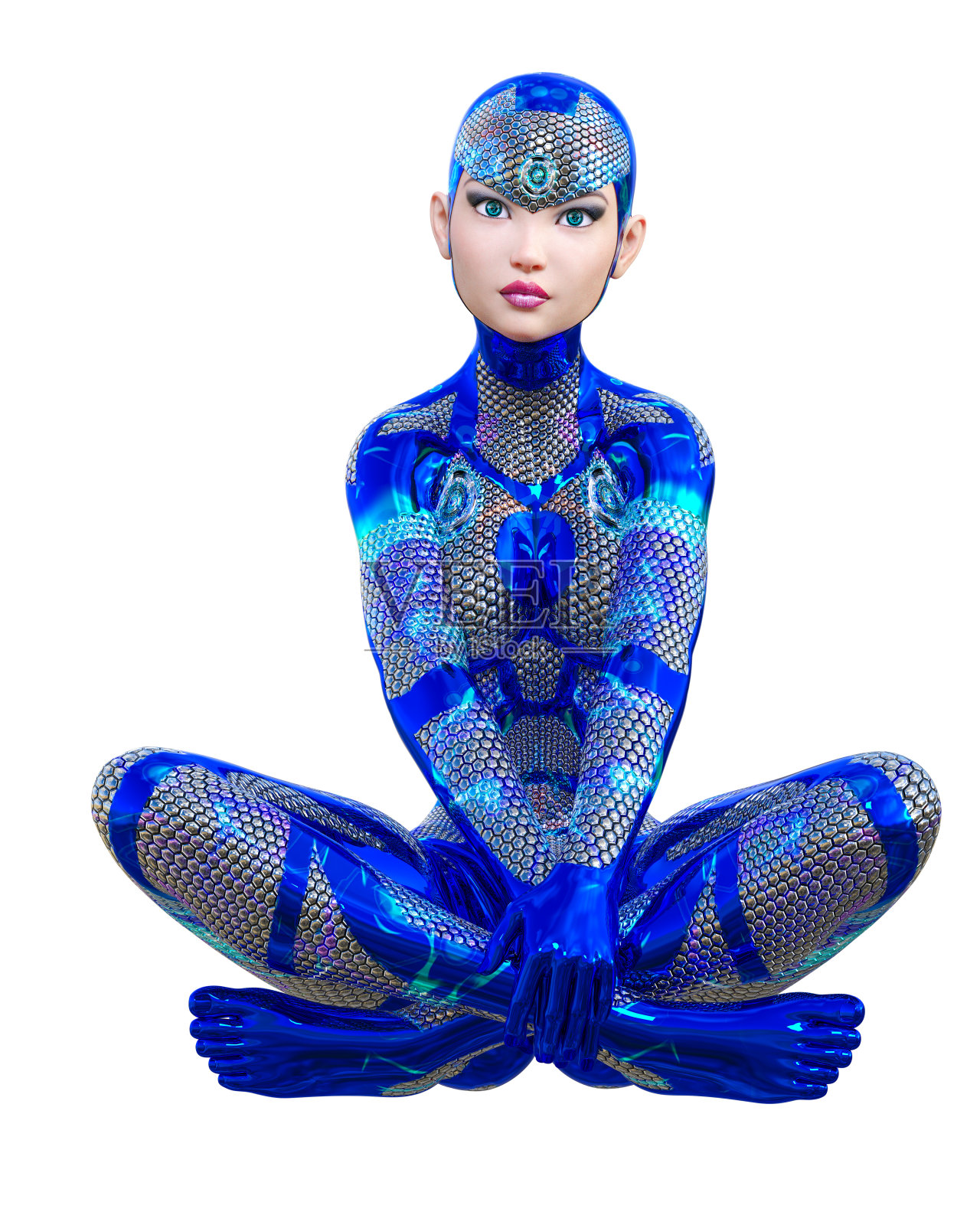 机器人女人未来的金属霓虹套装。照片摄影图片