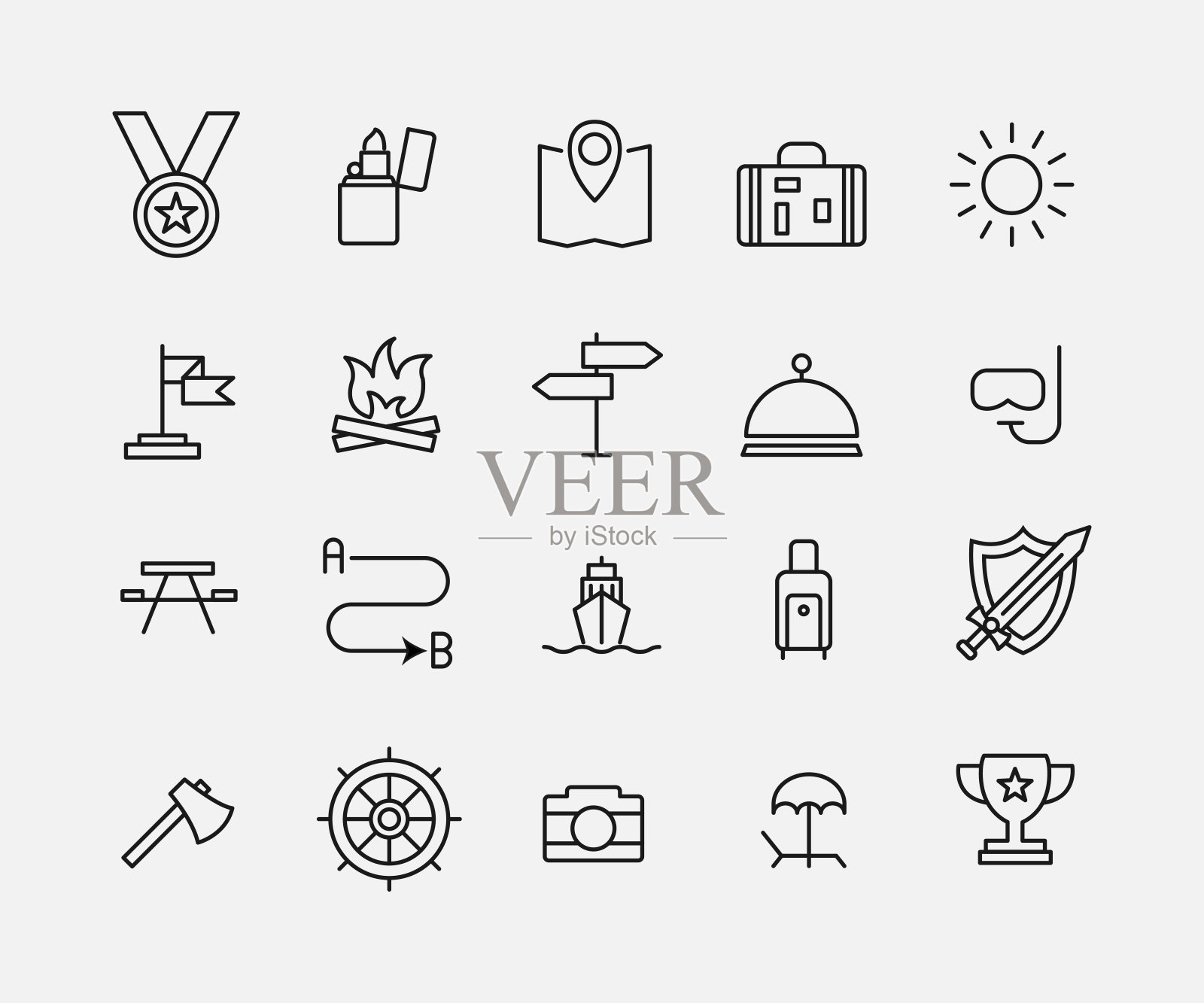 冒险相关的线条图标的简单集合。图标素材