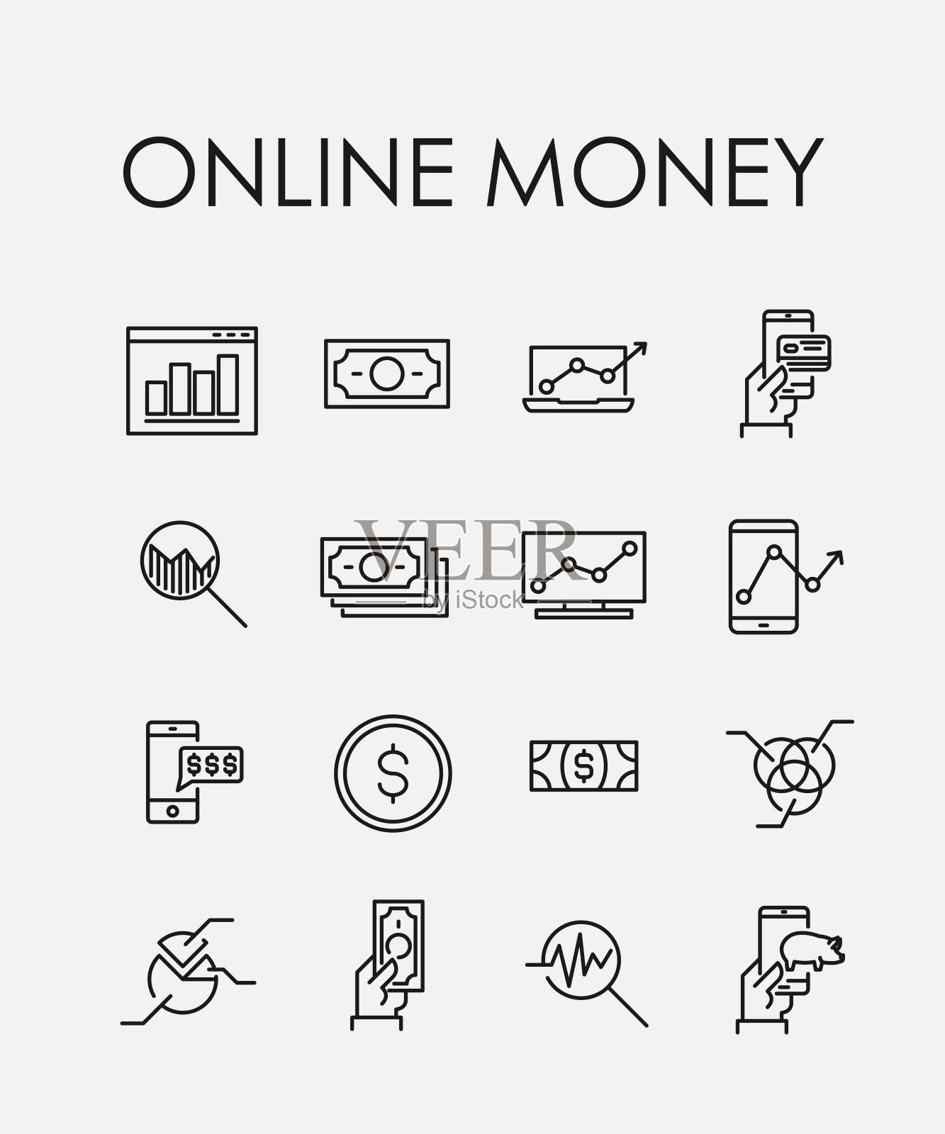 简单的收集网上金钱相关的线图标。插画图片素材