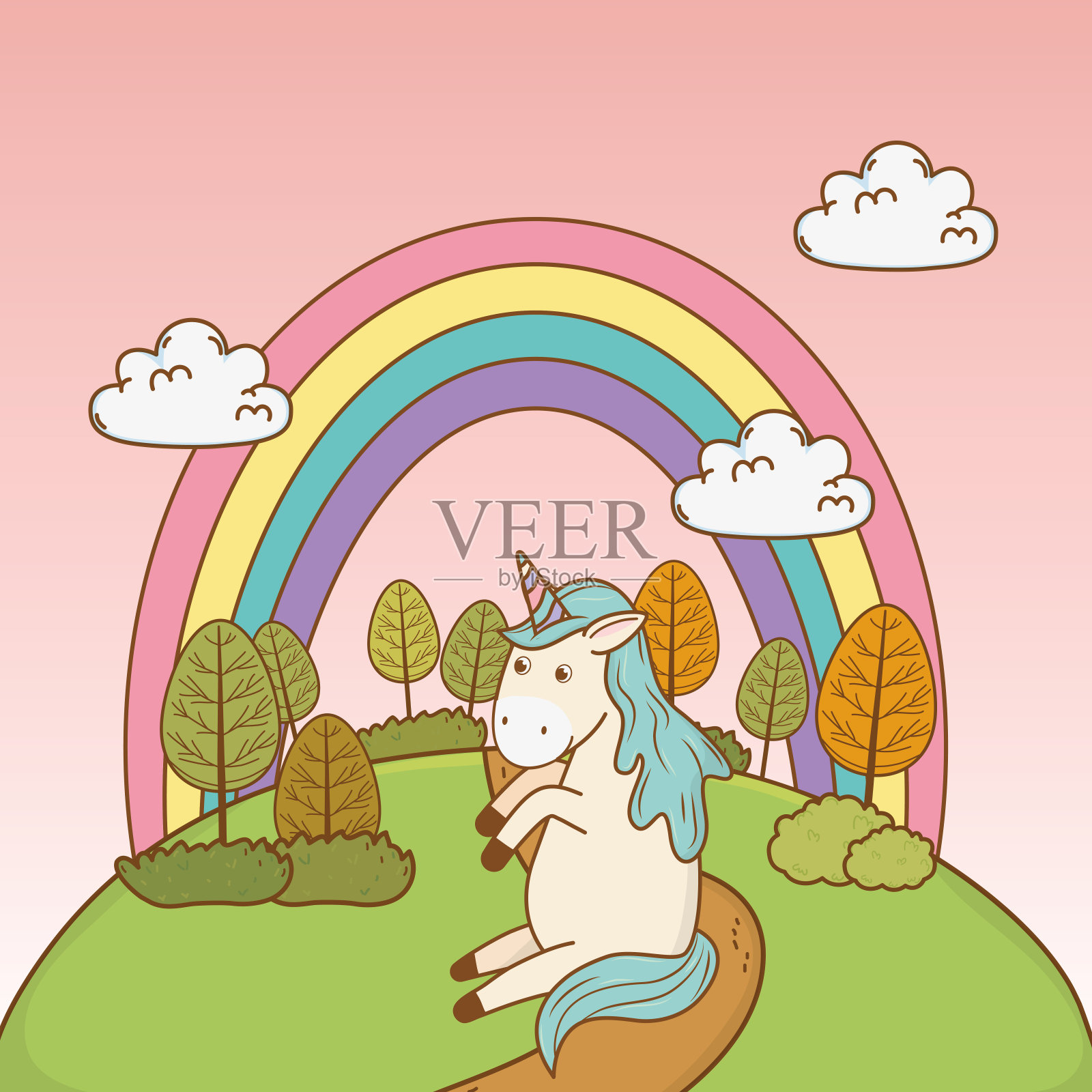 可爱的童话麒麟与彩虹在田野插画图片素材