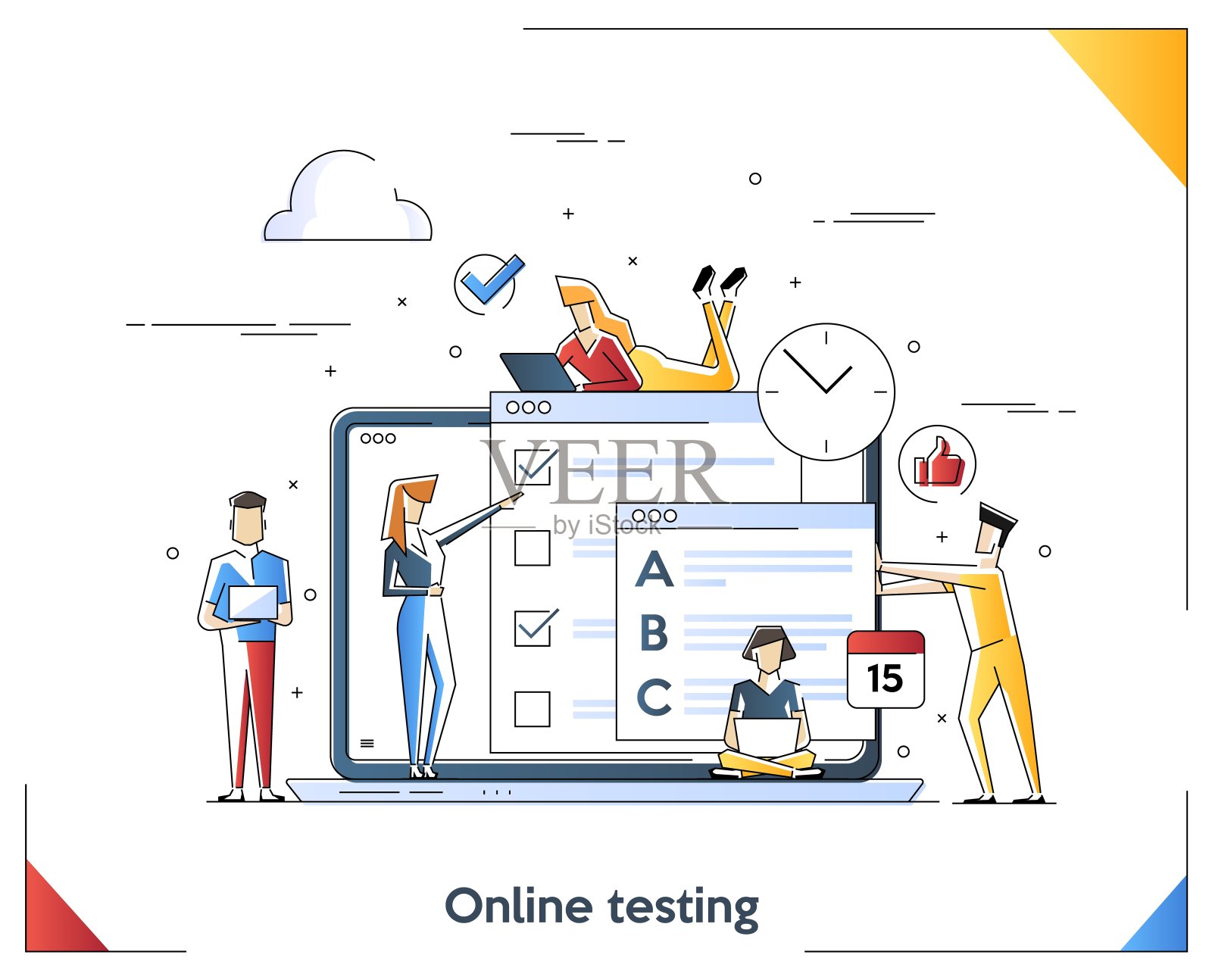 平面线性插图在线测试的概念。E-learning，教育线艺术理念。矢量插图。插画图片素材