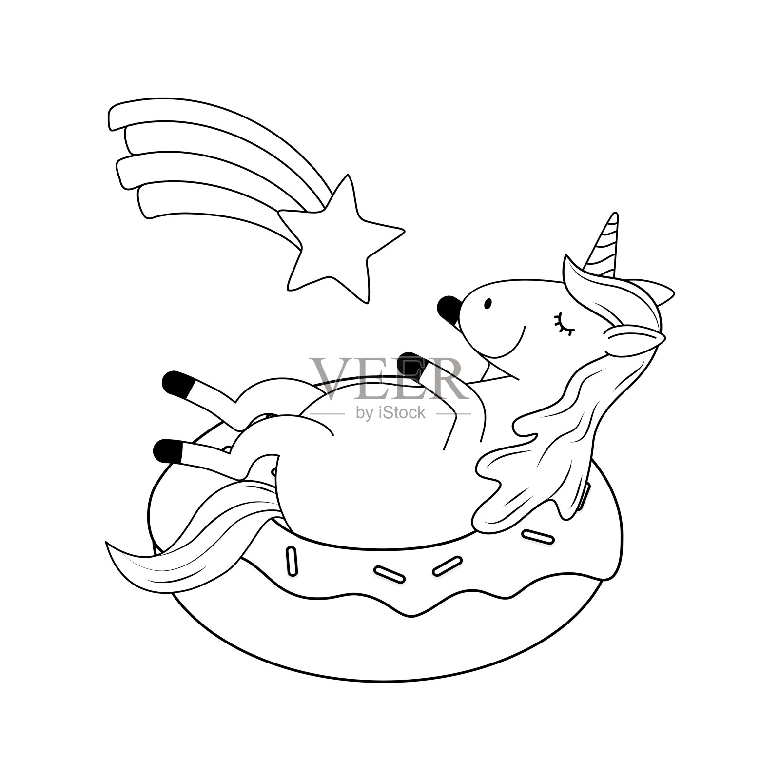 可爱的童话麒麟在甜甜圈与彩虹插画图片素材