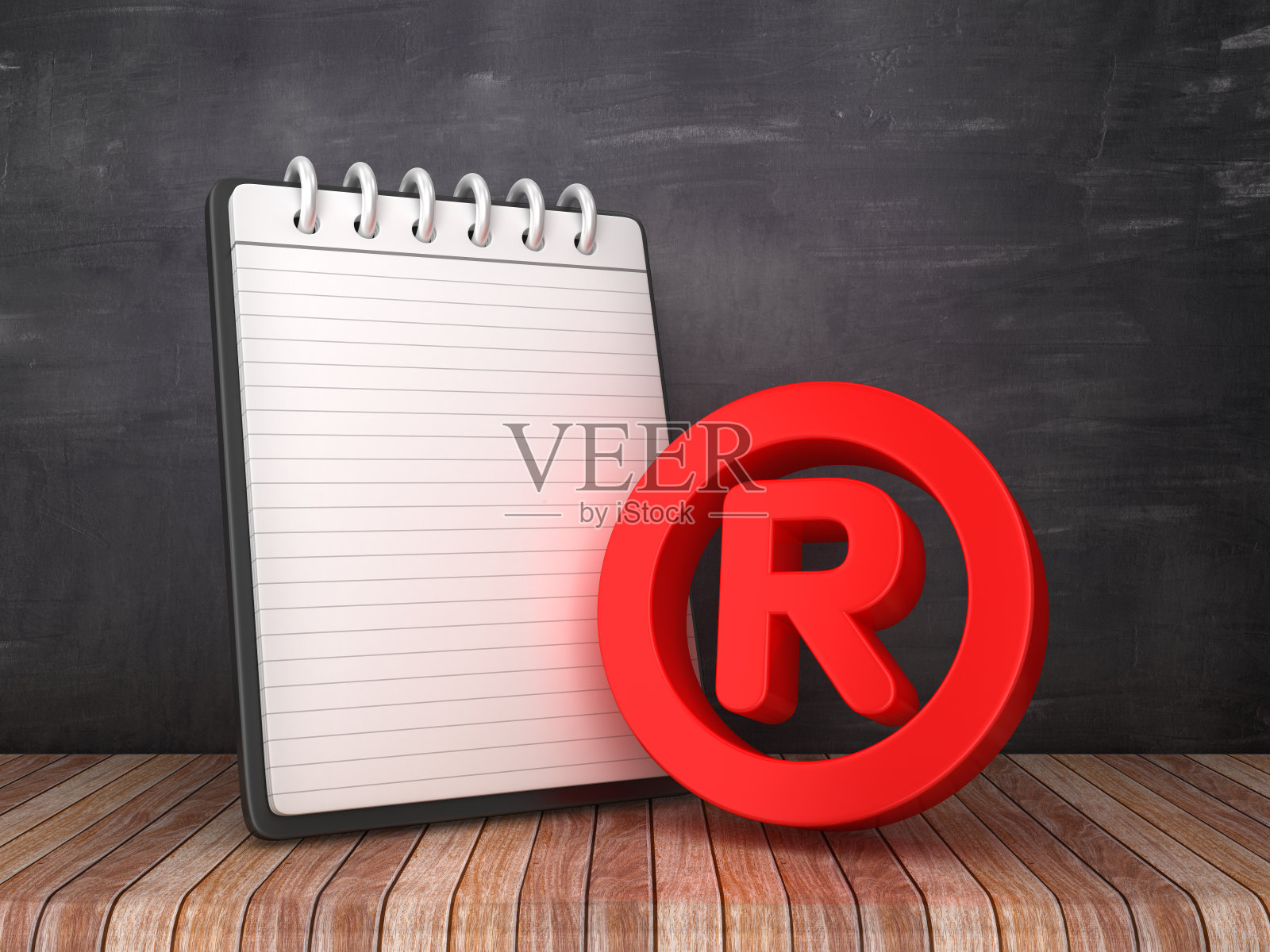 笔记垫与注册商标符号在黑板背景- 3D渲染照片摄影图片