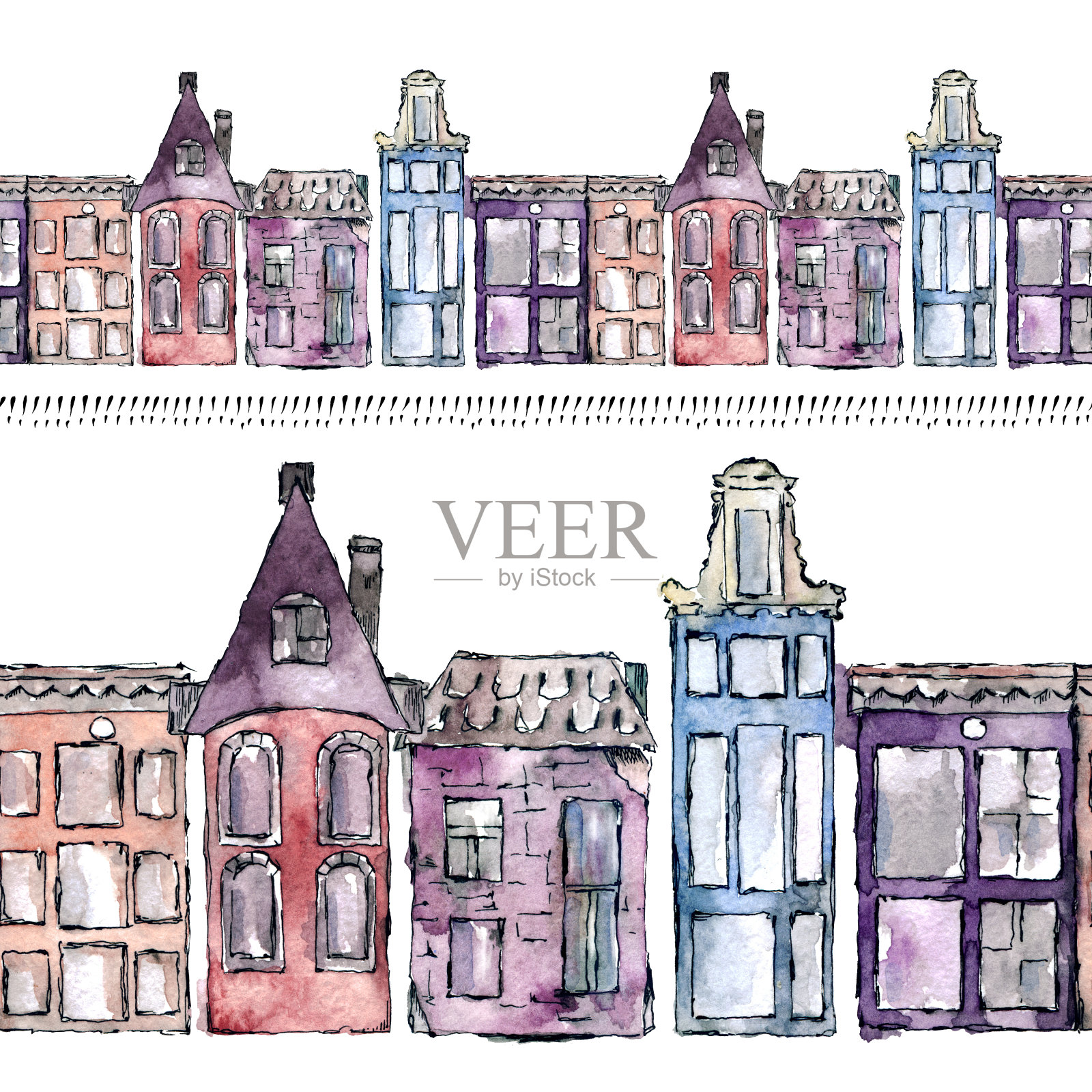 水彩画荷兰阿姆斯特丹的传统老建筑，无缝图案。手绘阿姆斯特丹的老房子，用来做明信片和卡片。插画图片素材